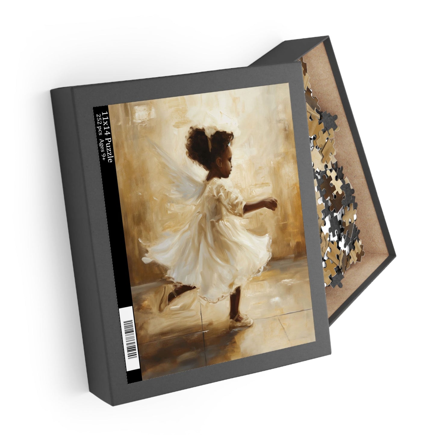 Jigsaw puzzle box with a dancer image on a white background