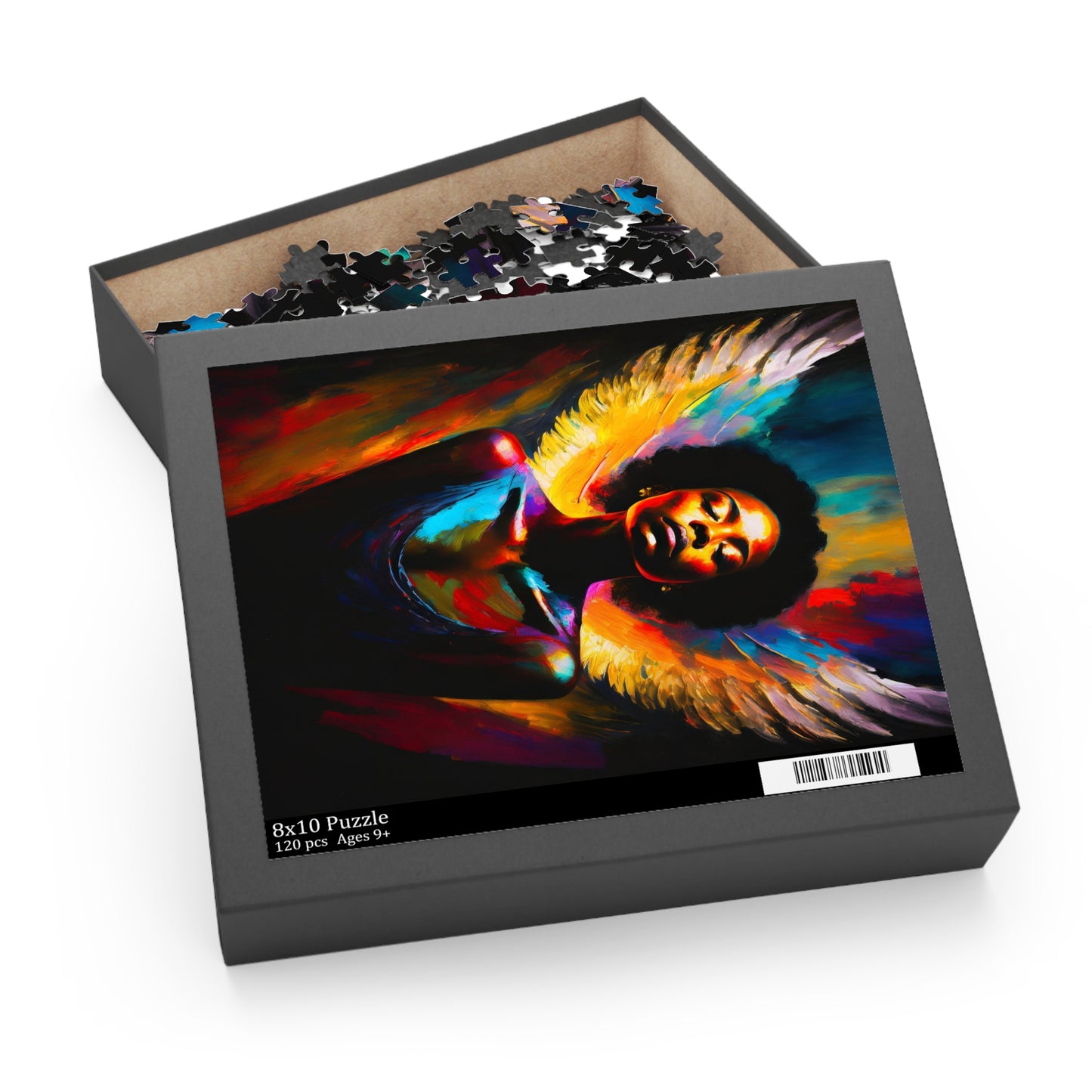 Jigsaw puzzle box with a colorful angel design on the lid