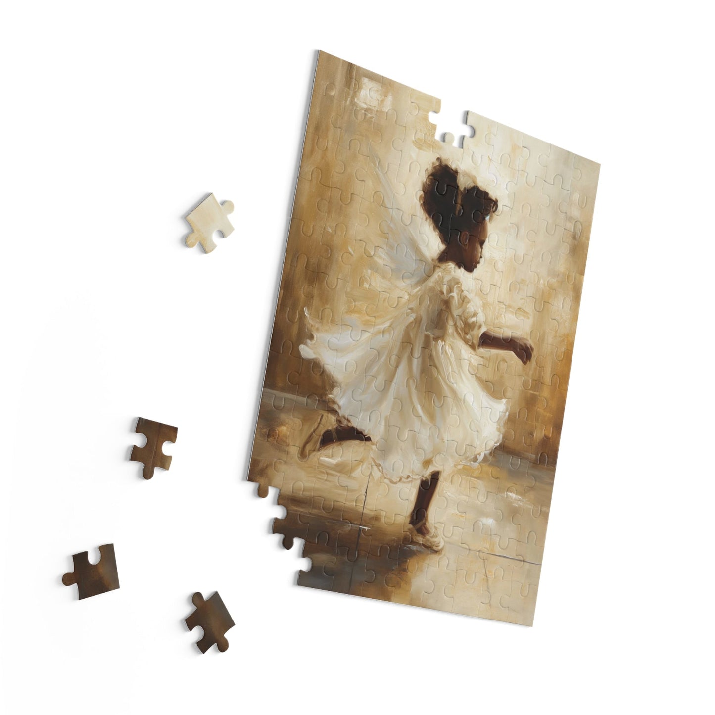 Jigsaw puzzle with a partially completed image of a woman in a white dress on a wooden floor.