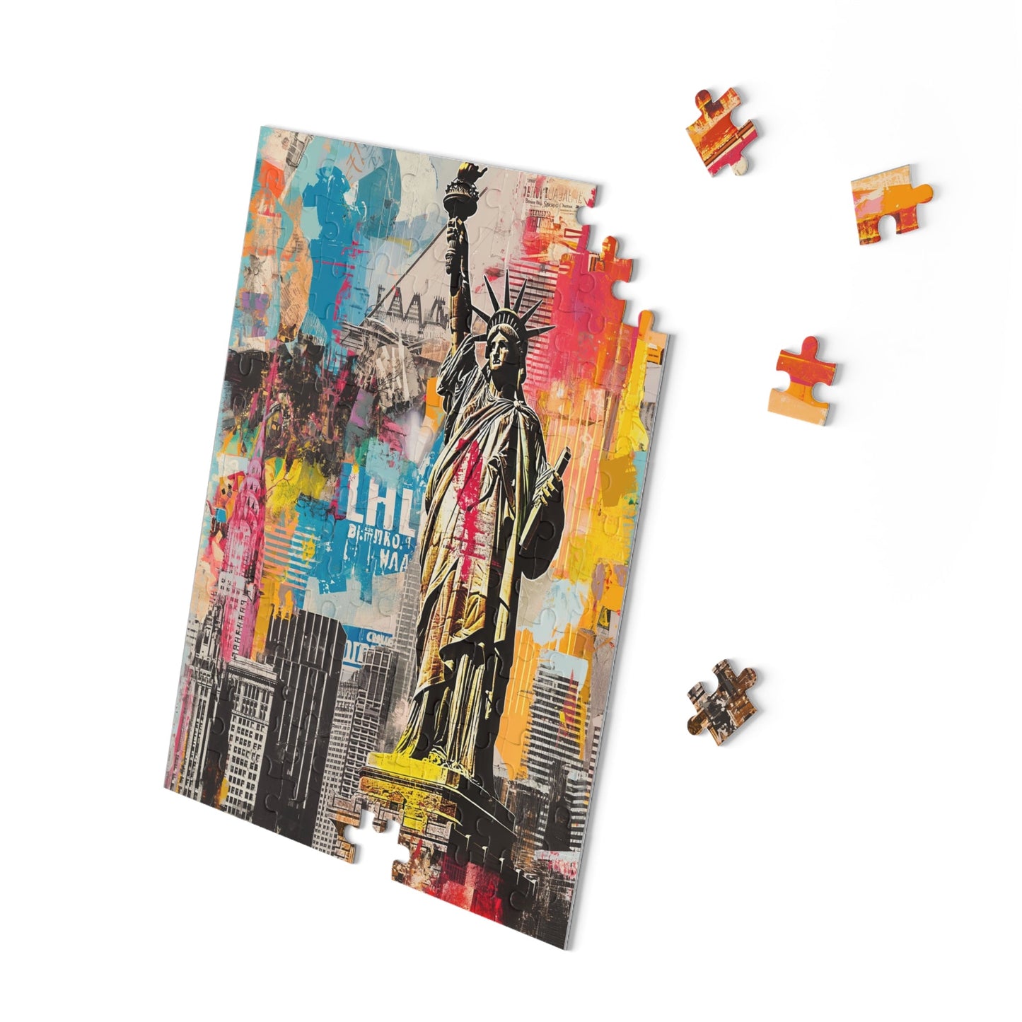 Colorful puzzle with a partially completed design on a white background