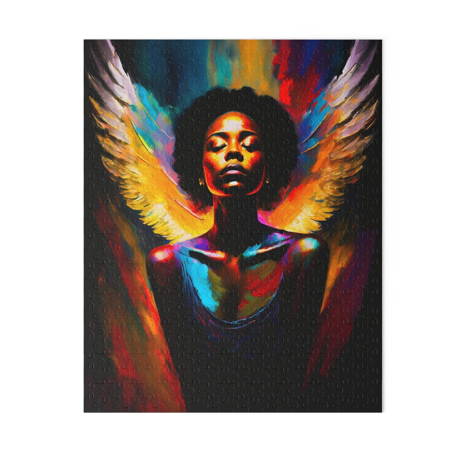Colorful abstract painting of a hooded figure with wings on a black background
