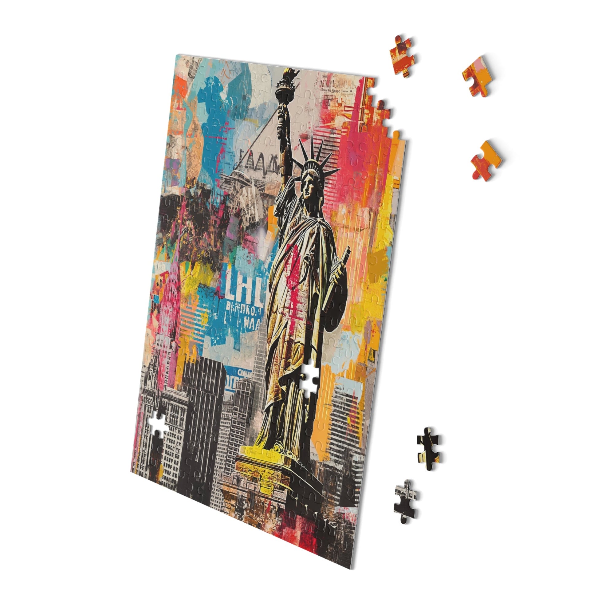 Jigsaw puzzle with a colorful design of the Statue of Liberty and New York City skyline.