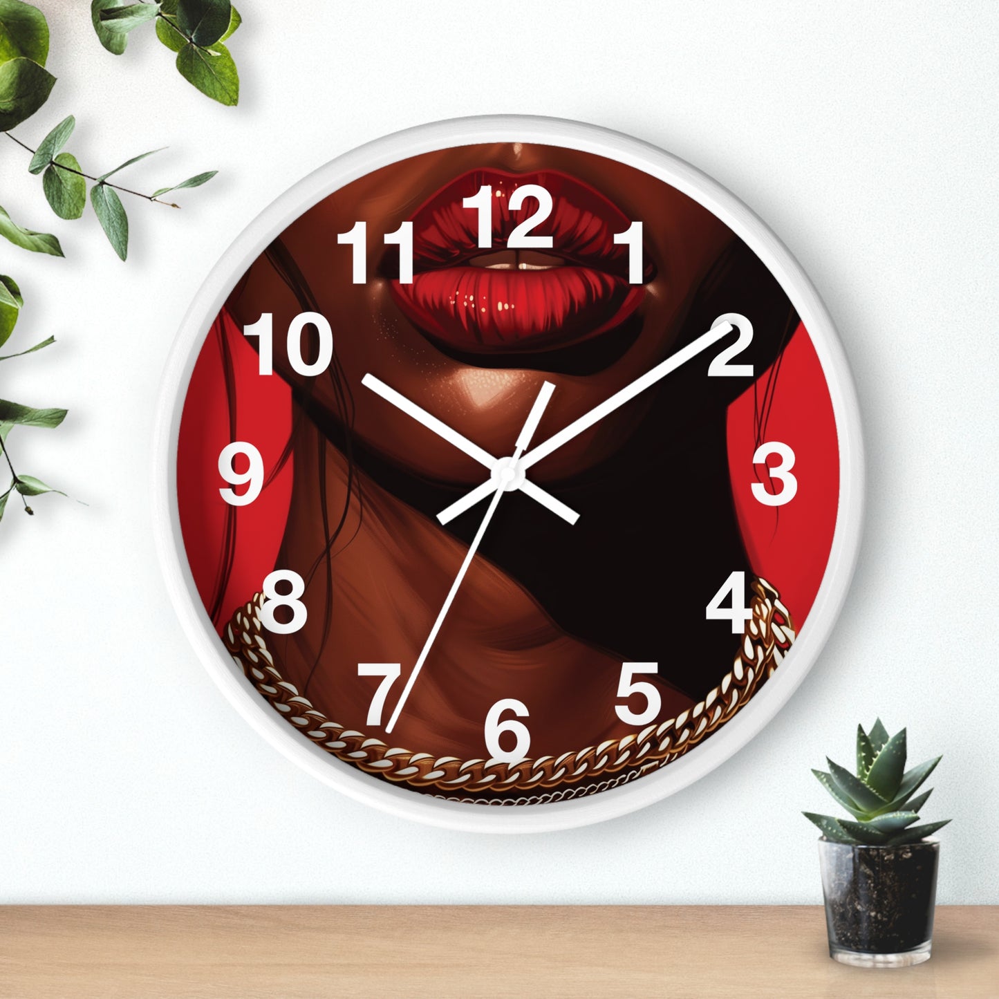RED LIPS GOLD CHAINS - Wall Clock