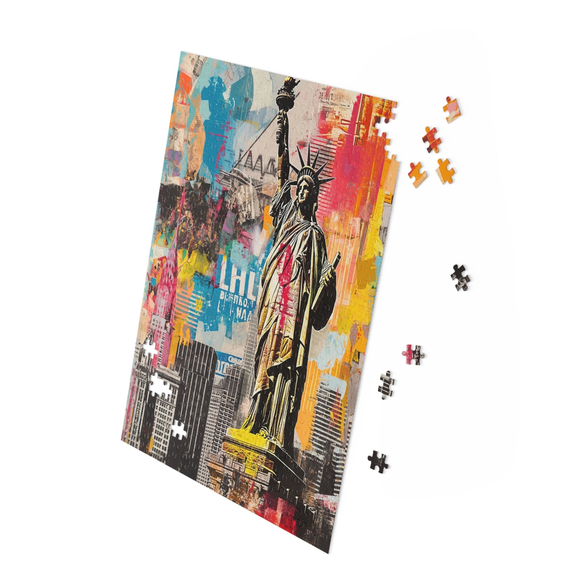 Colorful puzzle with a design of the Statue of Liberty on a white background
