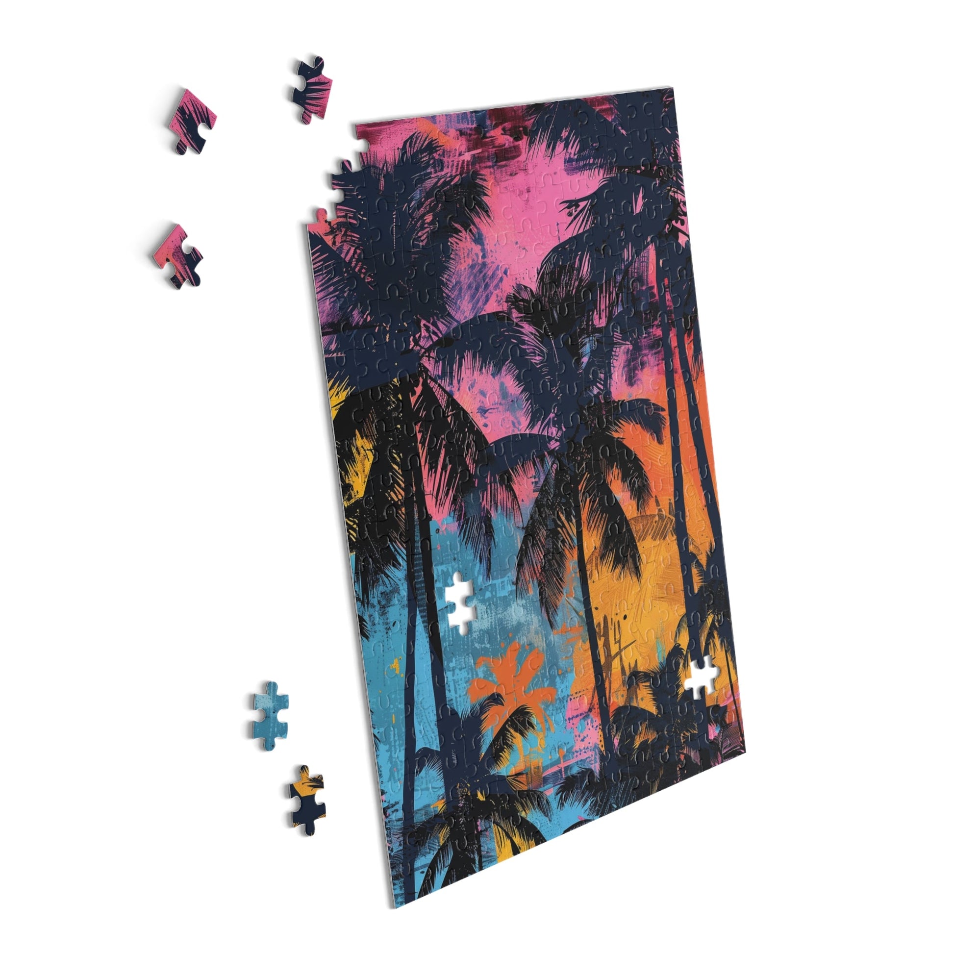 Colorful puzzle with palm tree design on a white background