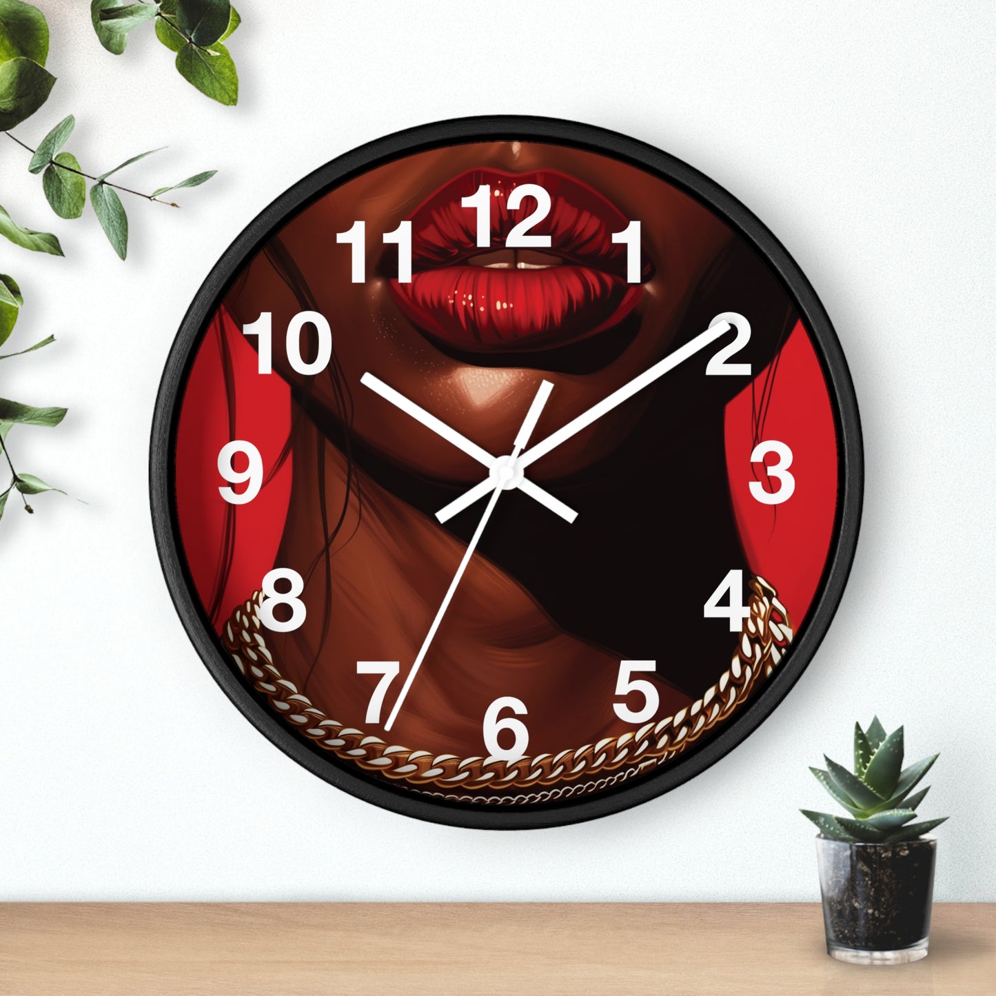 RED LIPS GOLD CHAINS - Wall Clock