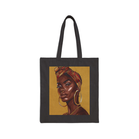 Tote Bag — Afrocentric Portrait Canvas Tote (Brown Girl, Headwrap & Hoop Earrings)