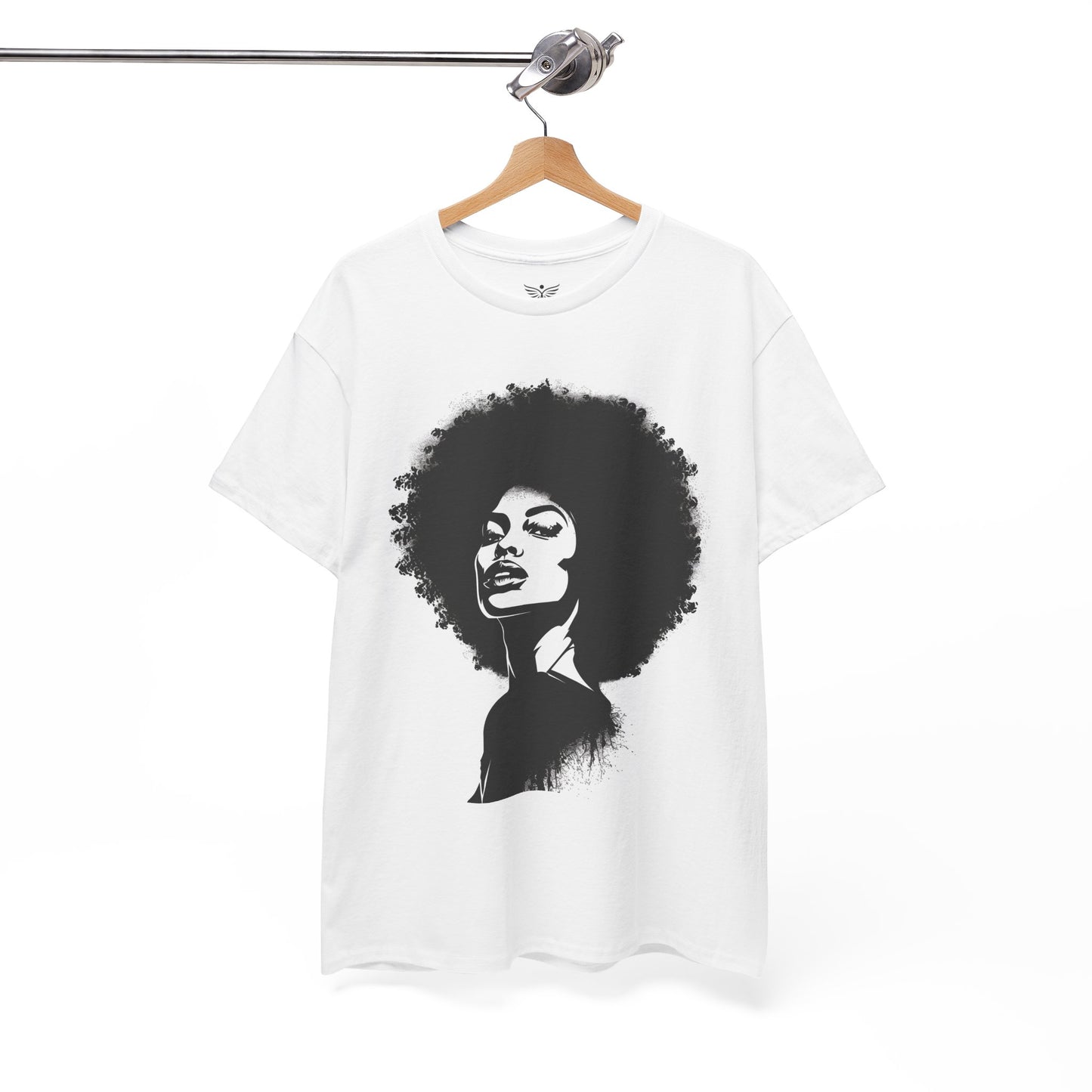 White t-shirt with black graphic of a woman's face on a hanger against a white background