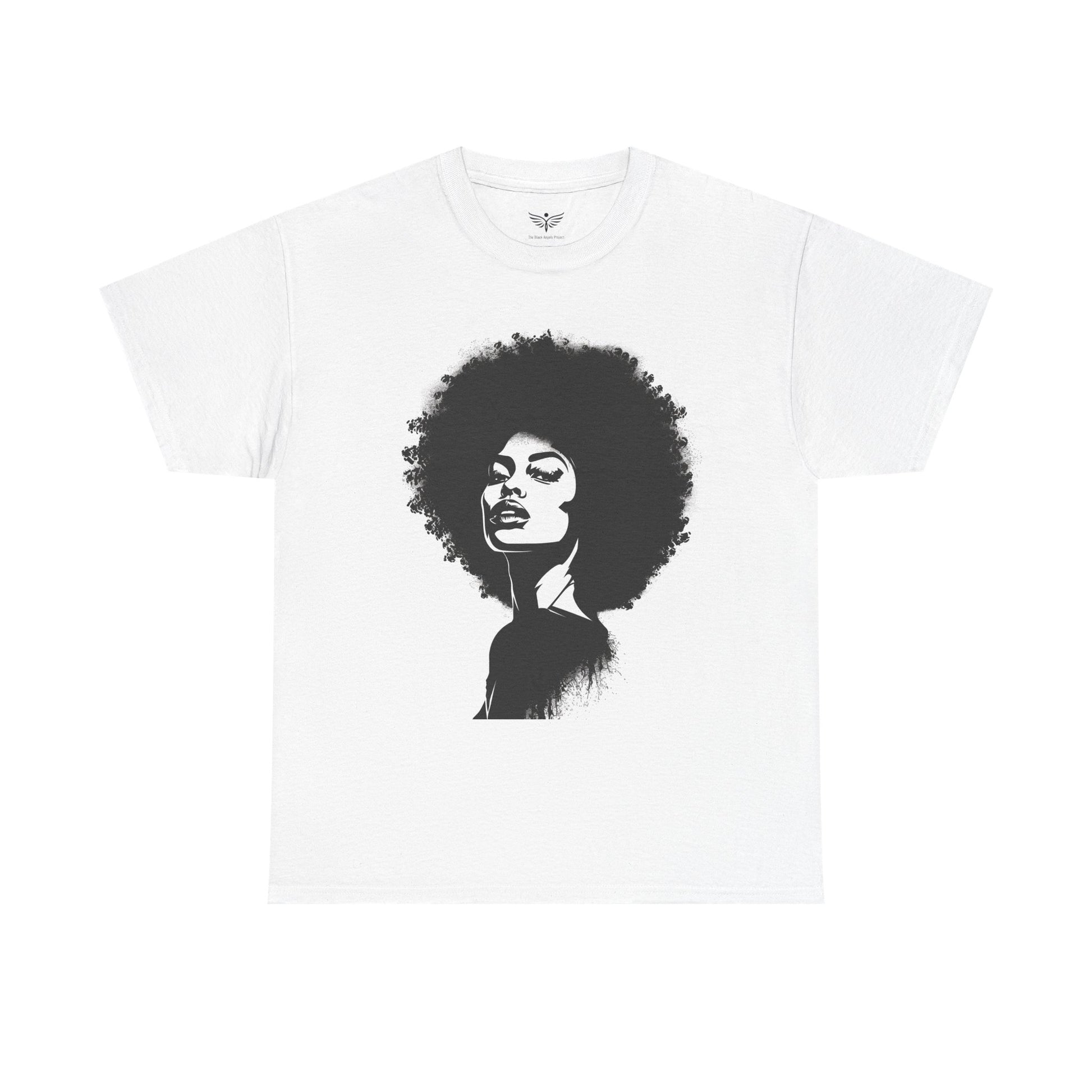 White t-shirt with black graphic of a woman with an afro on a white background