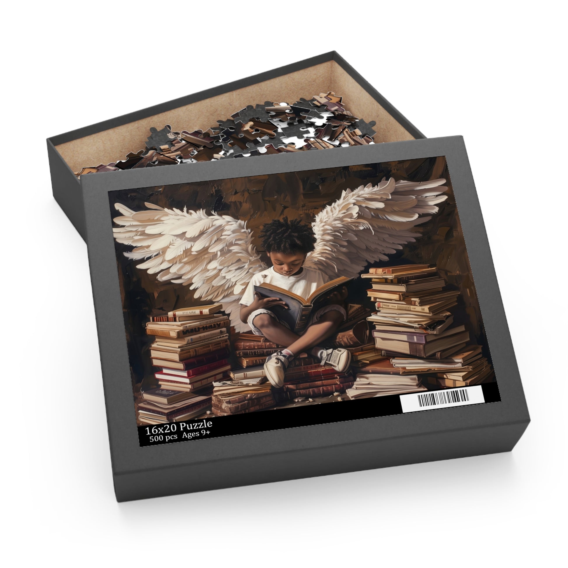 Puzzle box with an angel and books design on a white background
