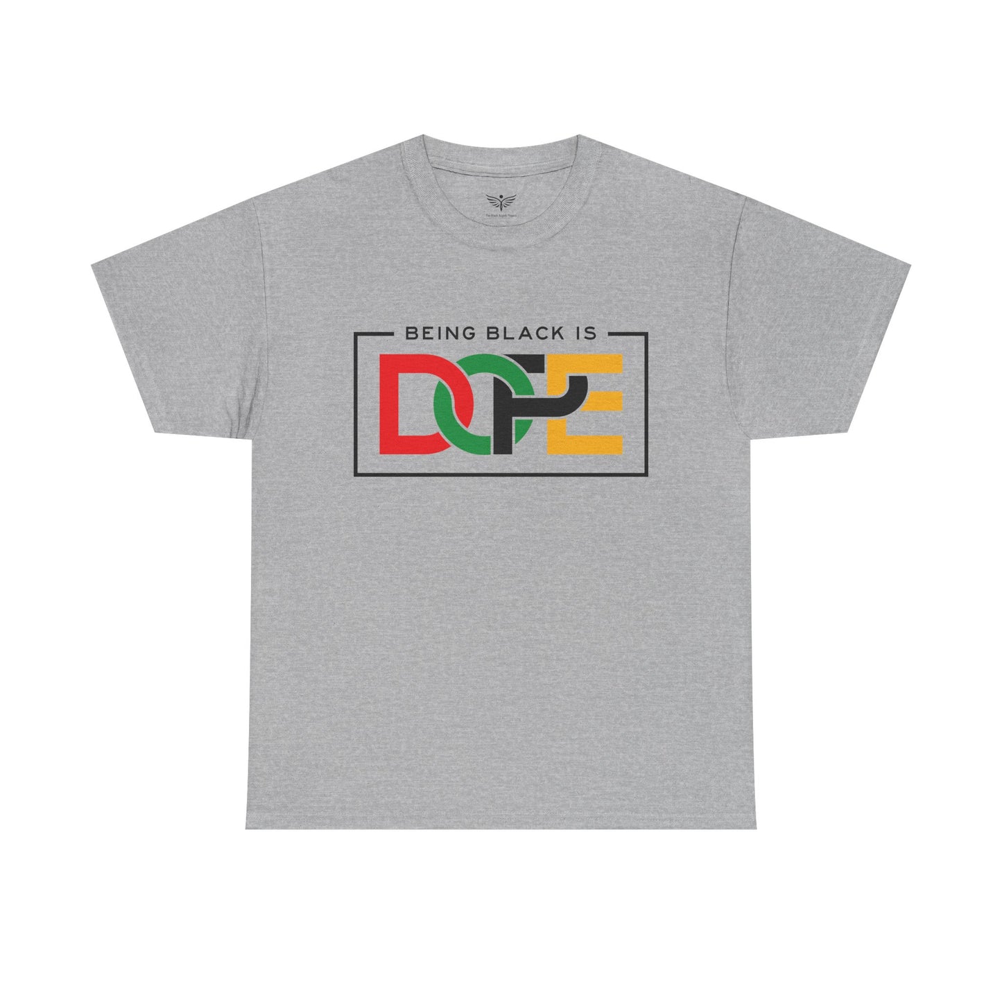 Gray t-shirt with 'Being Black is Dope' graphic on a white background