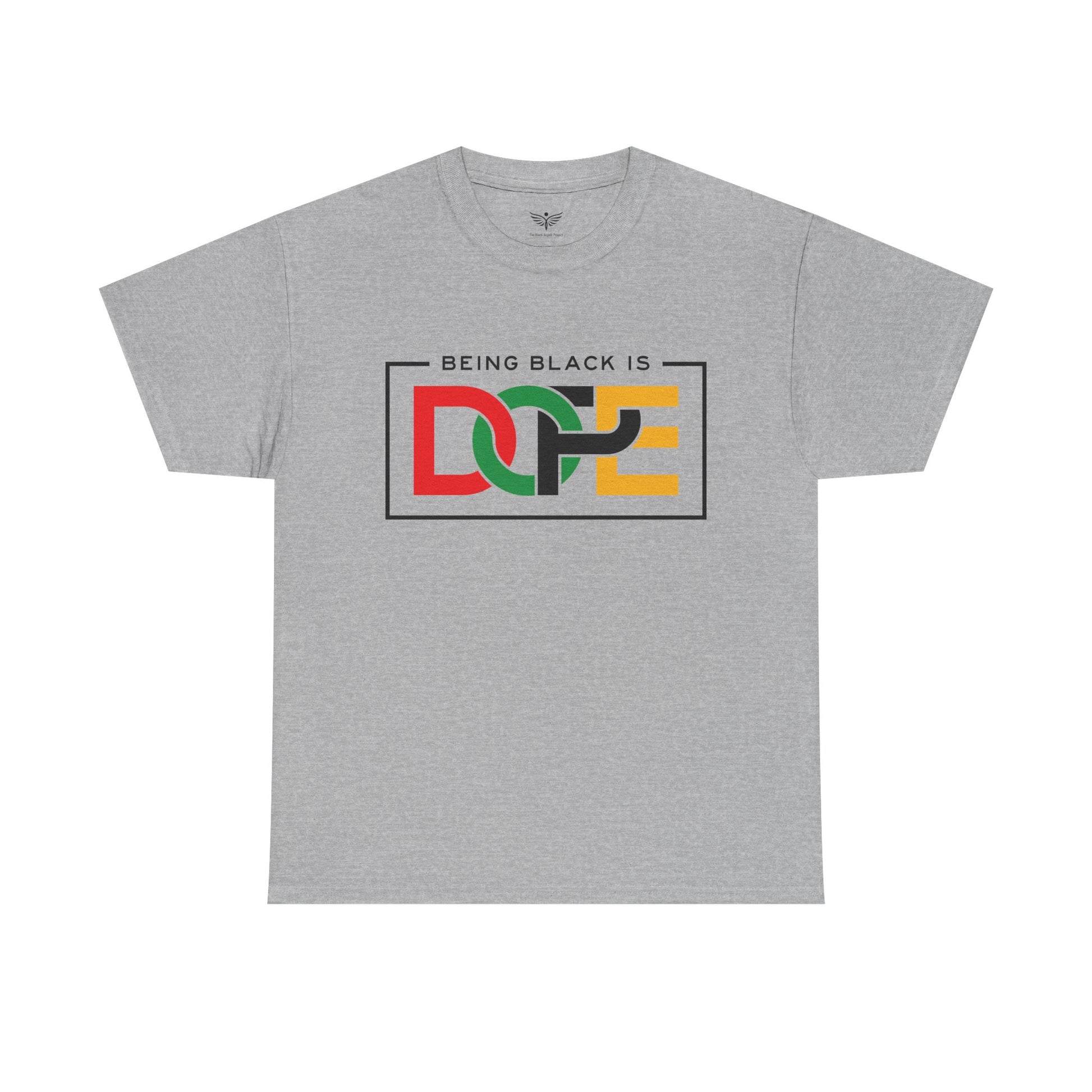 Gray t-shirt with 'Being Black is Dope' graphic on a white background