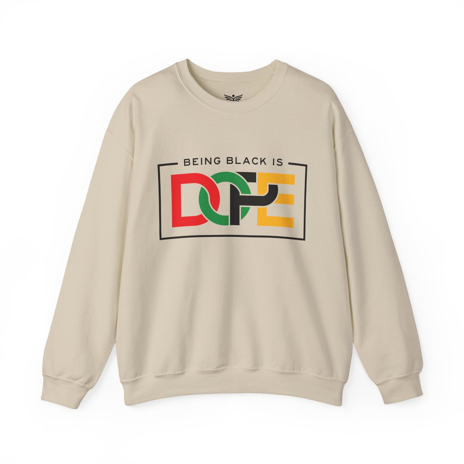 Beige sweatshirt with 'Being Black is Dope' graphic on a white background