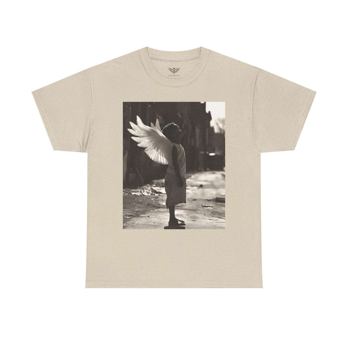 Beige t-shirt with a graphic of a person with wings on a white background
