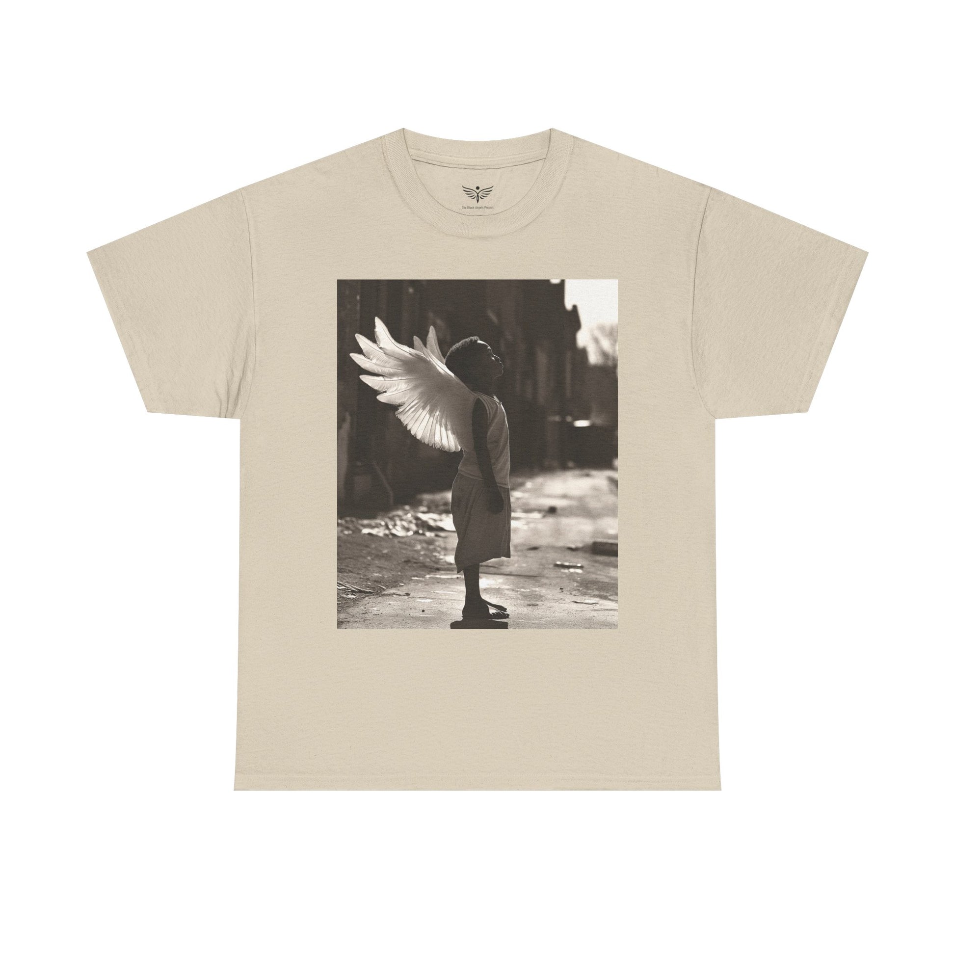 Beige t-shirt with a graphic of a person with wings on a white background