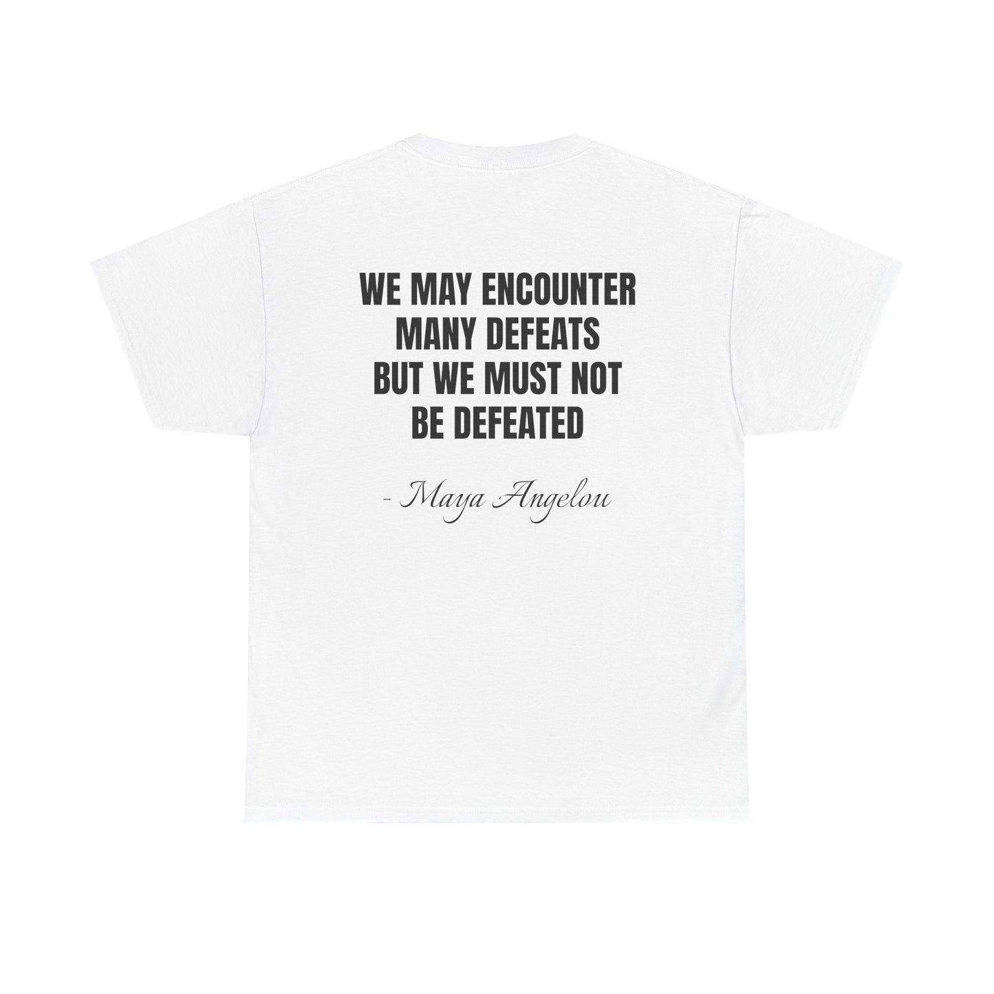 White t-shirt with motivational quote on a white background