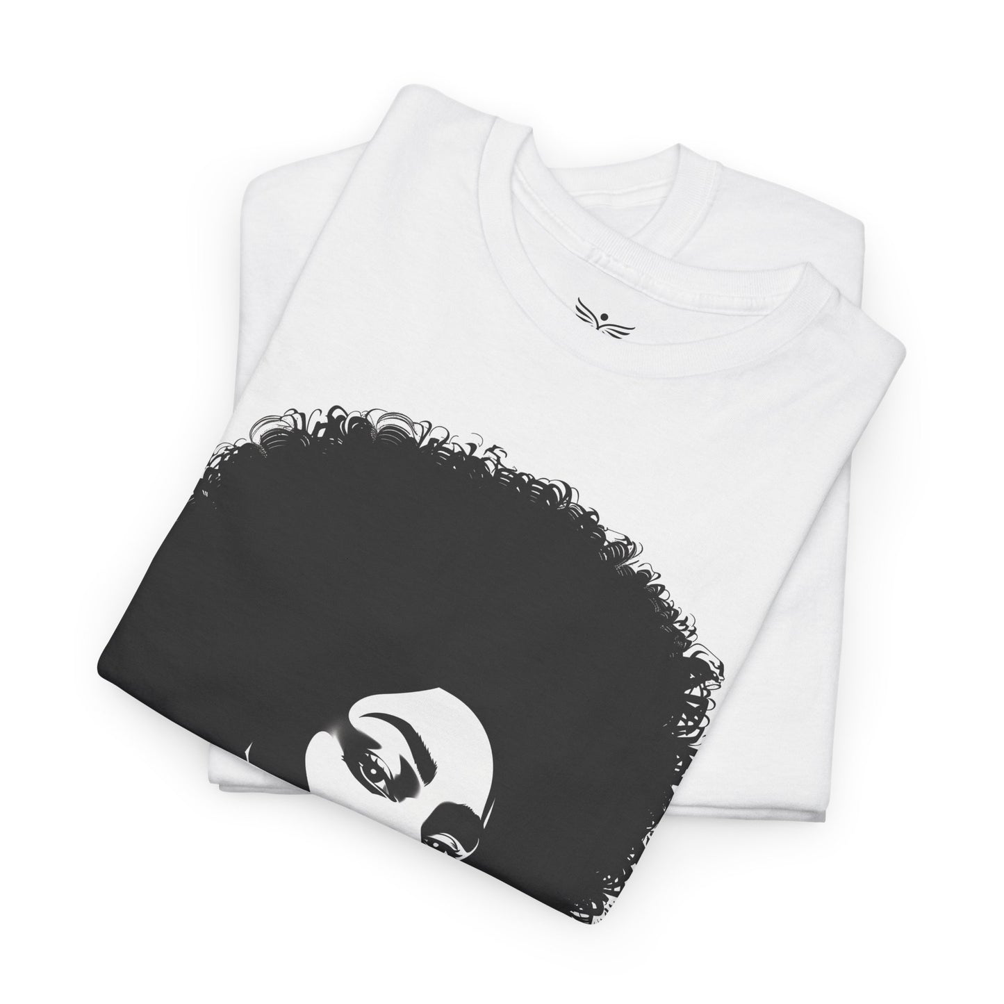 White t-shirt with black graphic design of a face on a white background