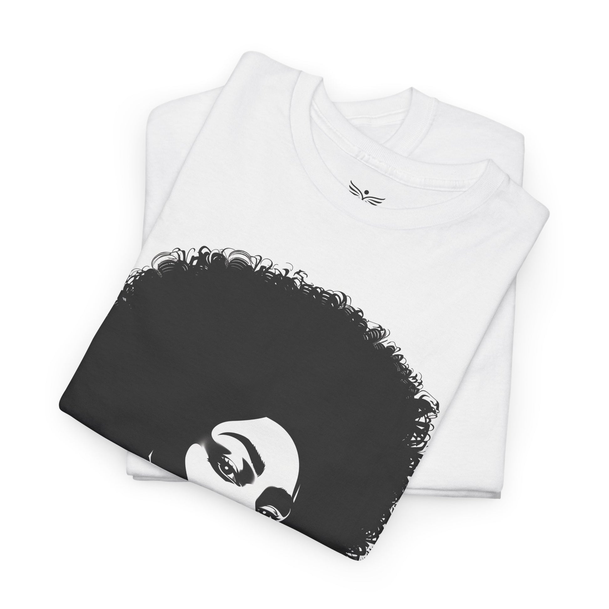 White t-shirt with black graphic design of a face on a white background