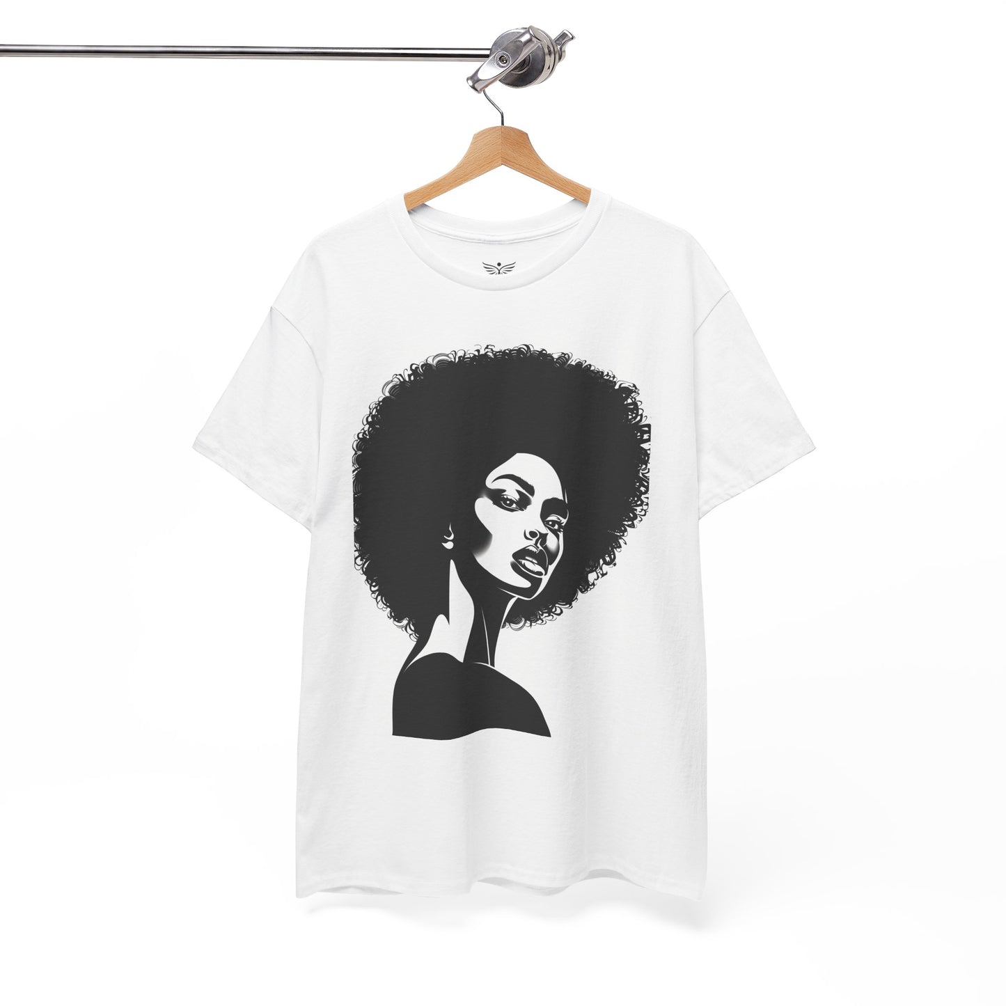 White t-shirt with a black graphic of a woman's face on a hanger against a white background