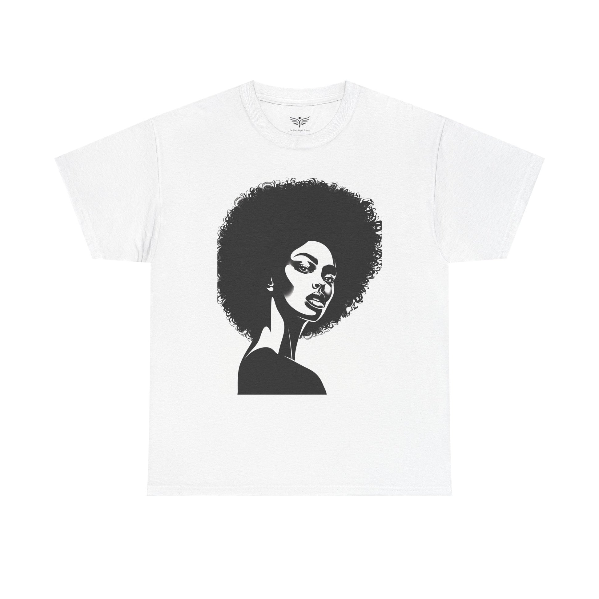 White t-shirt with a black graphic of a woman's face on a white background