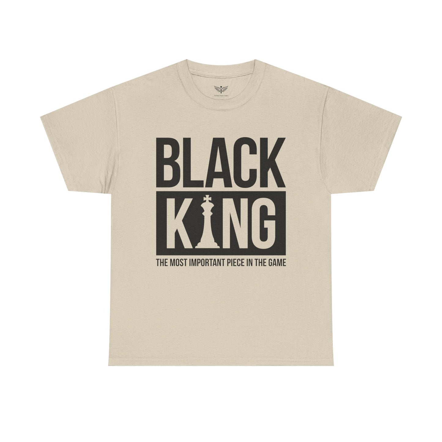 Beige t-shirt with 'Black King' graphic and text on a white background