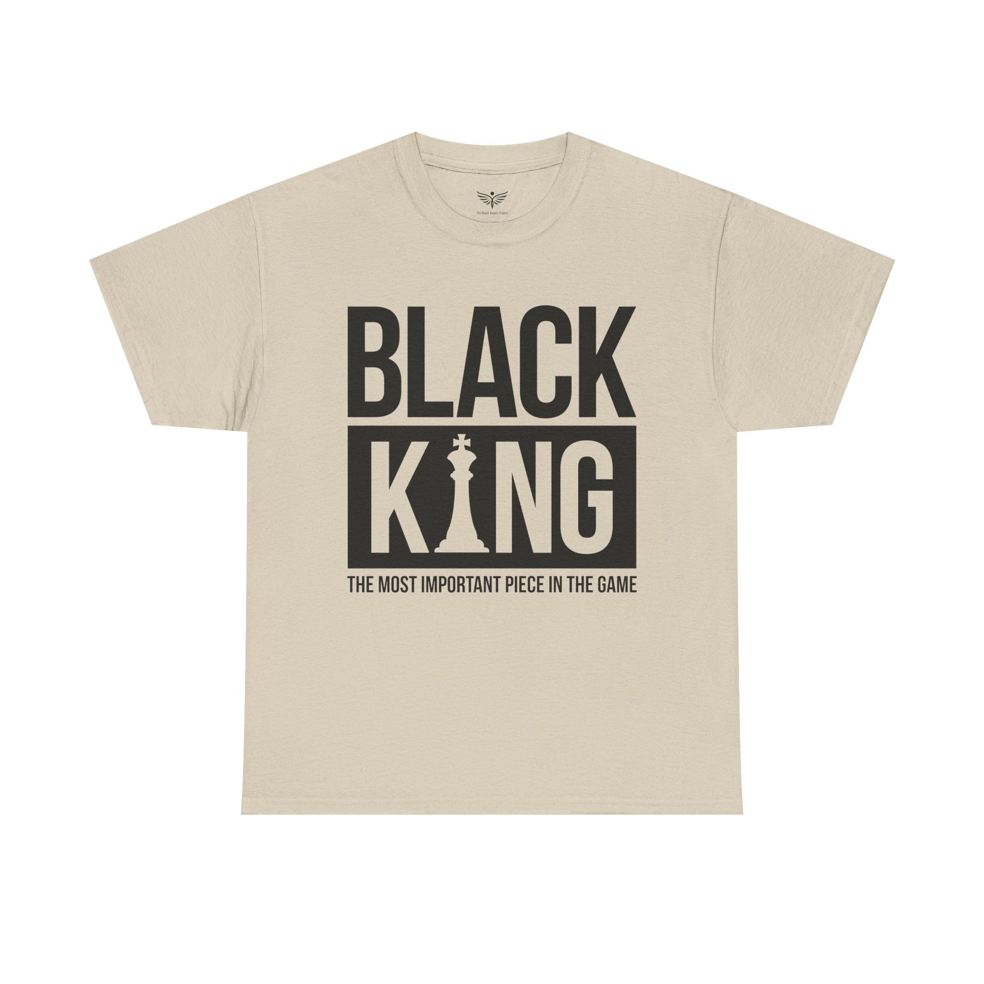 Beige t-shirt with 'Black King' graphic and text on a white background