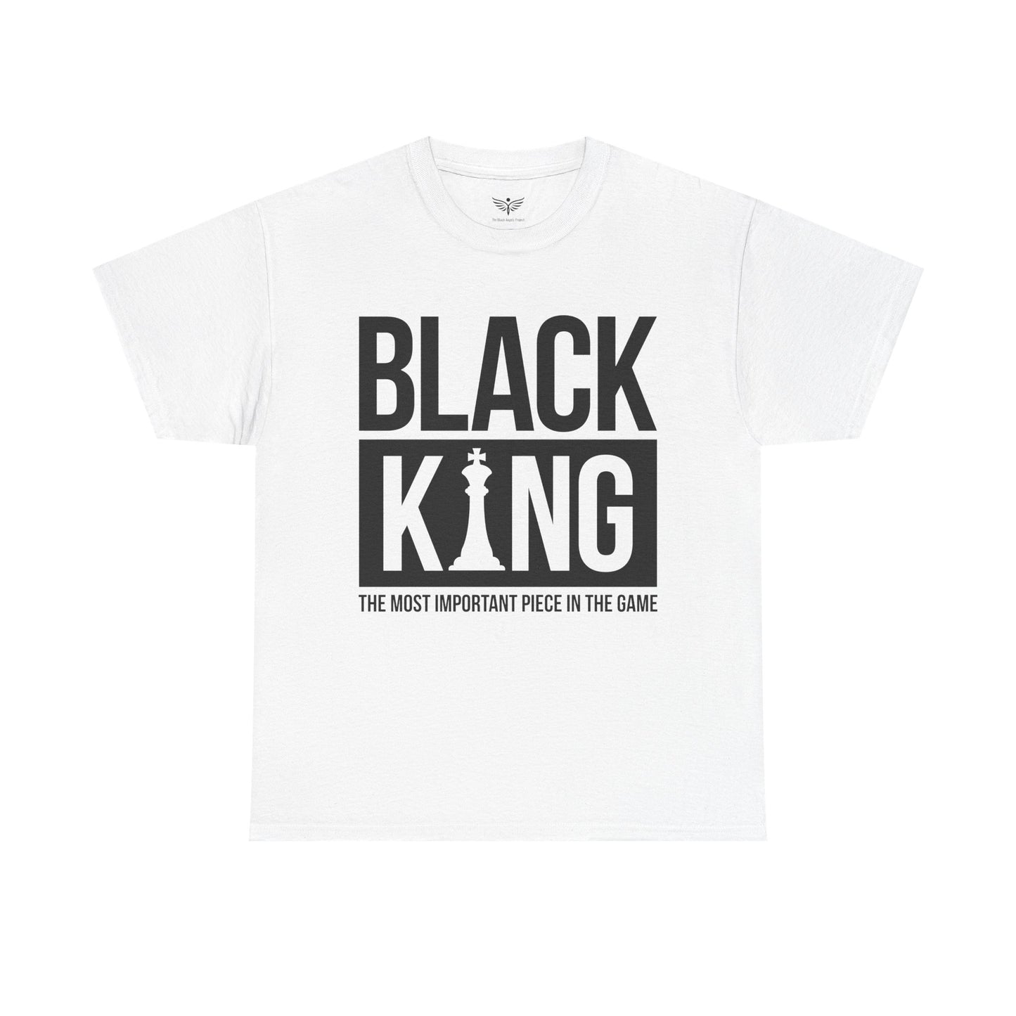 White t-shirt with 'Black King' text and chess piece design on a white background