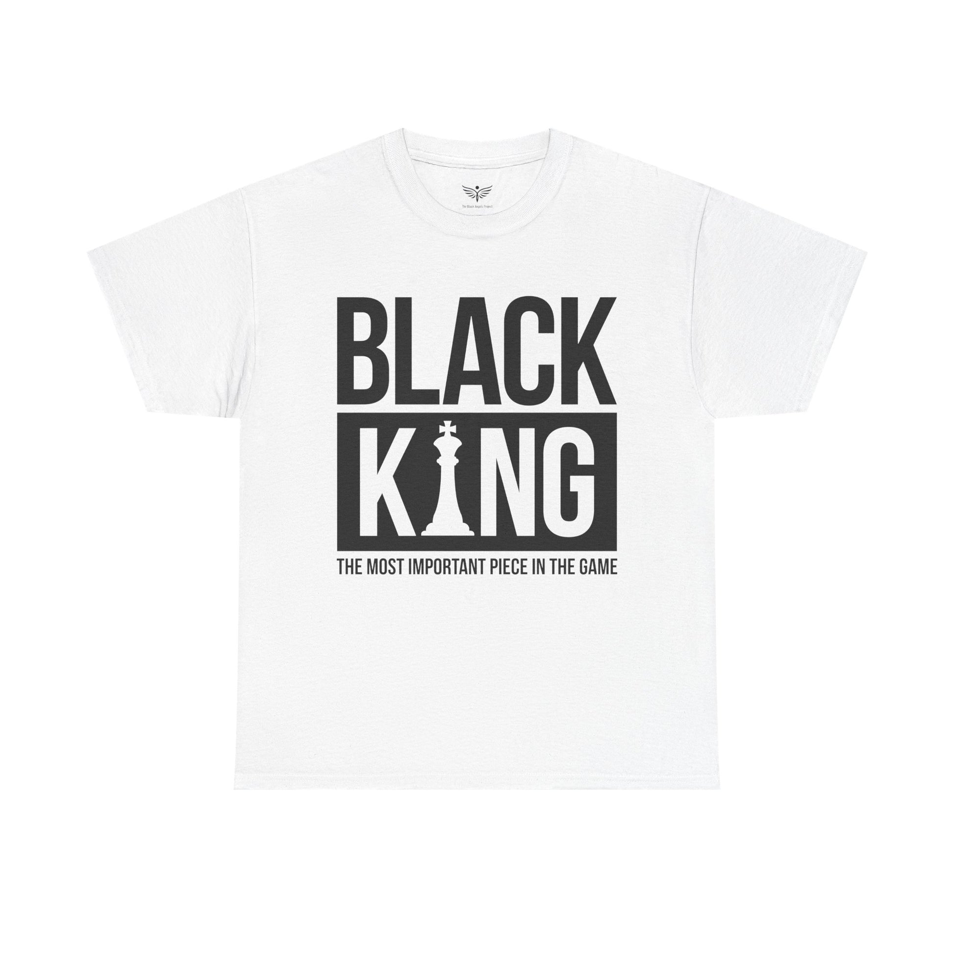 White t-shirt with 'Black King' text and chess piece design on a white background