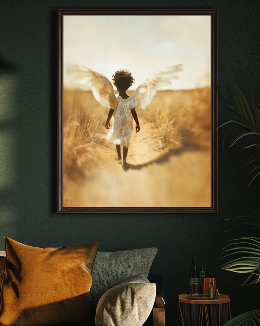 Framed artwork of a child with wings walking in a field on a dark wall above a sofa.