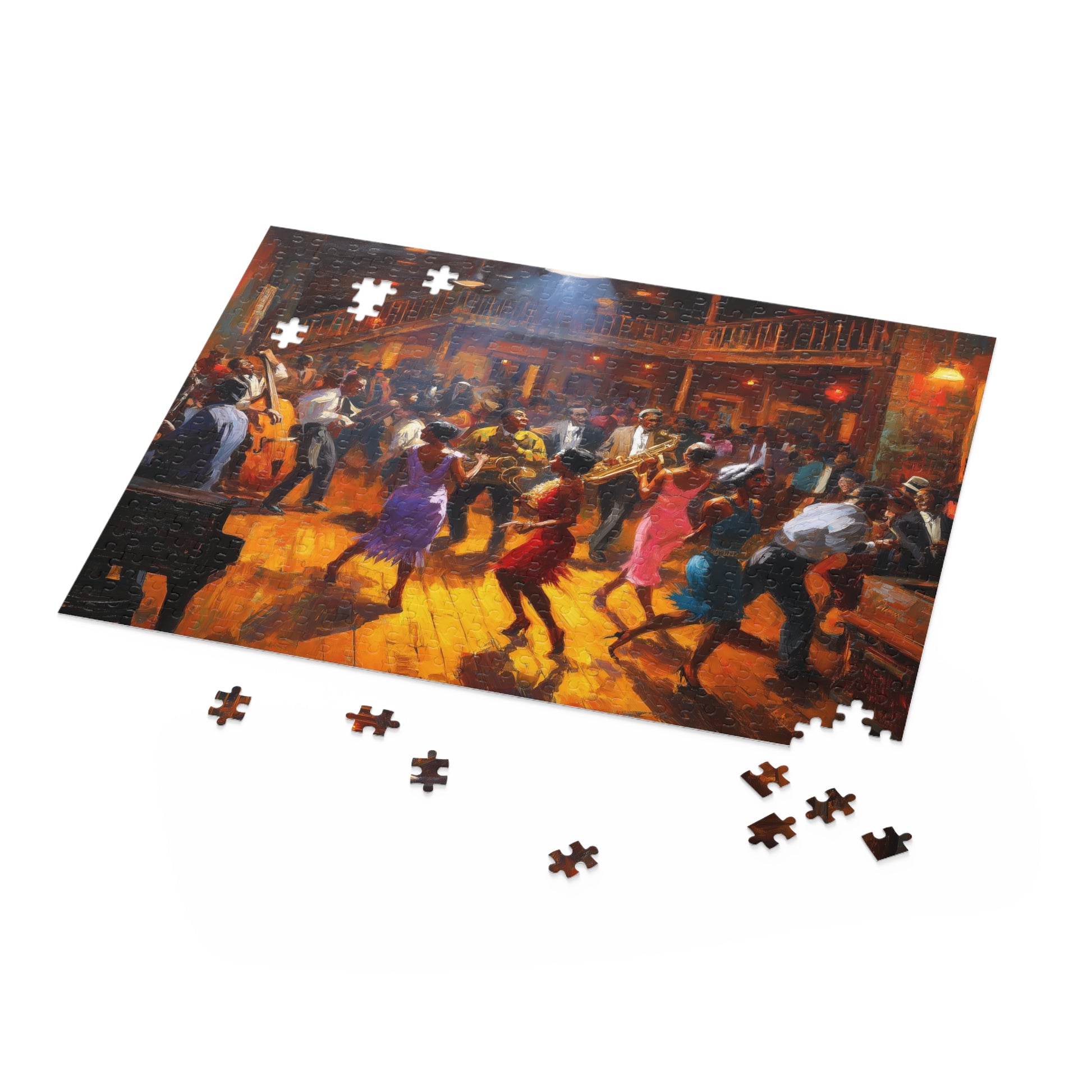 Jigsaw puzzle with a completed scene of people dancing in a room, missing pieces on a white background
