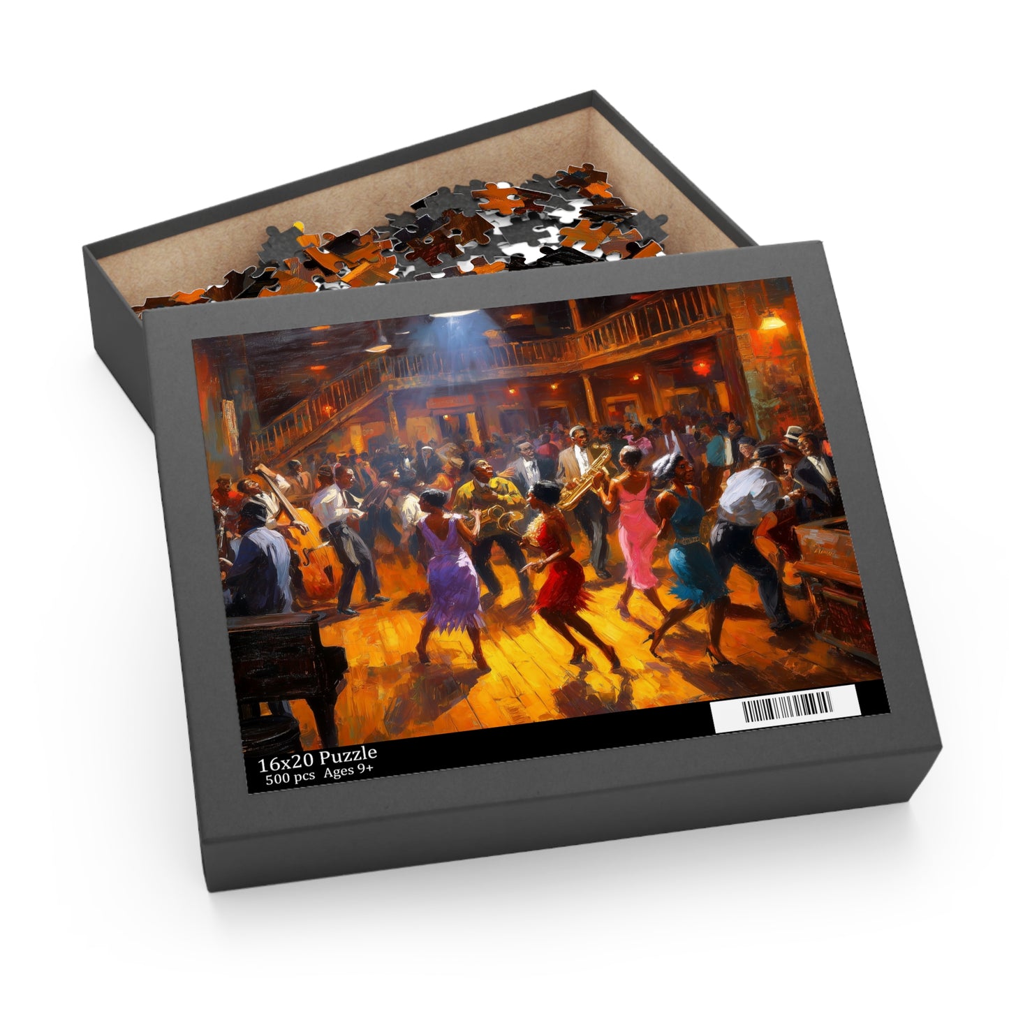 Jigsaw puzzle box with a colorful scene of people dancing on the cover