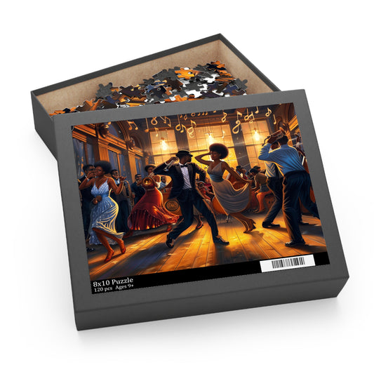 Jigsaw puzzle box with a vintage dance scene design on the cover