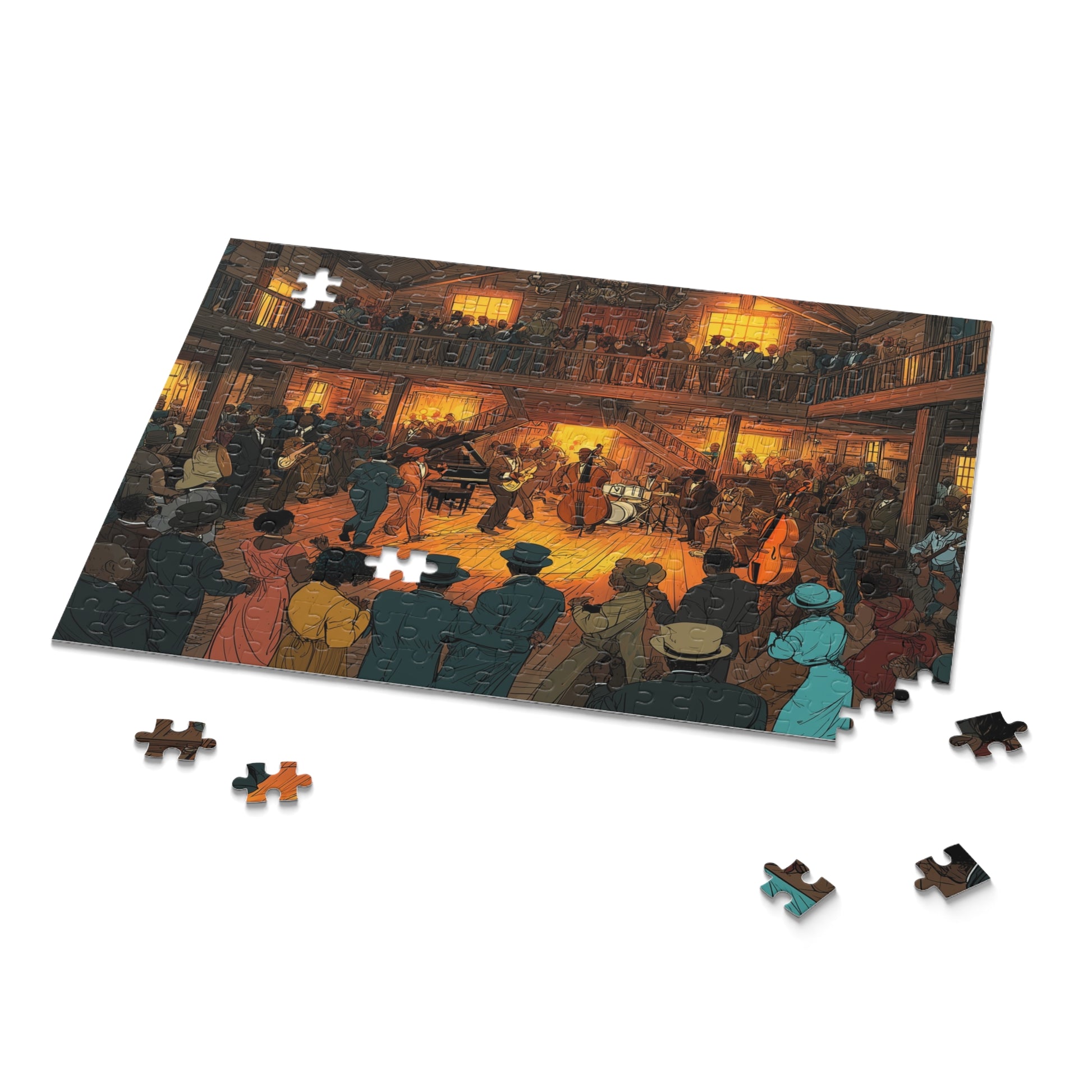 Jigsaw puzzle with a completed section of a lively indoor scene, possibly a dance hall or theater, with people and a piano.