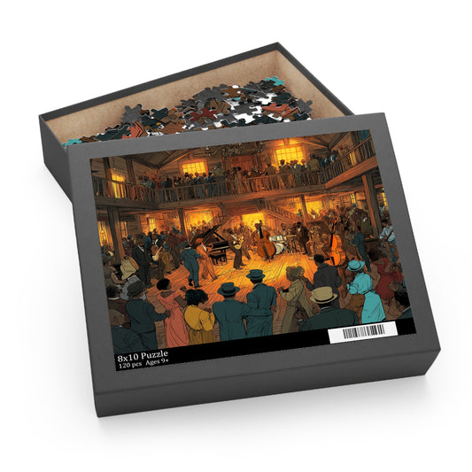 Jigsaw puzzle box with a detailed illustration of a dance hall scene on the cover.