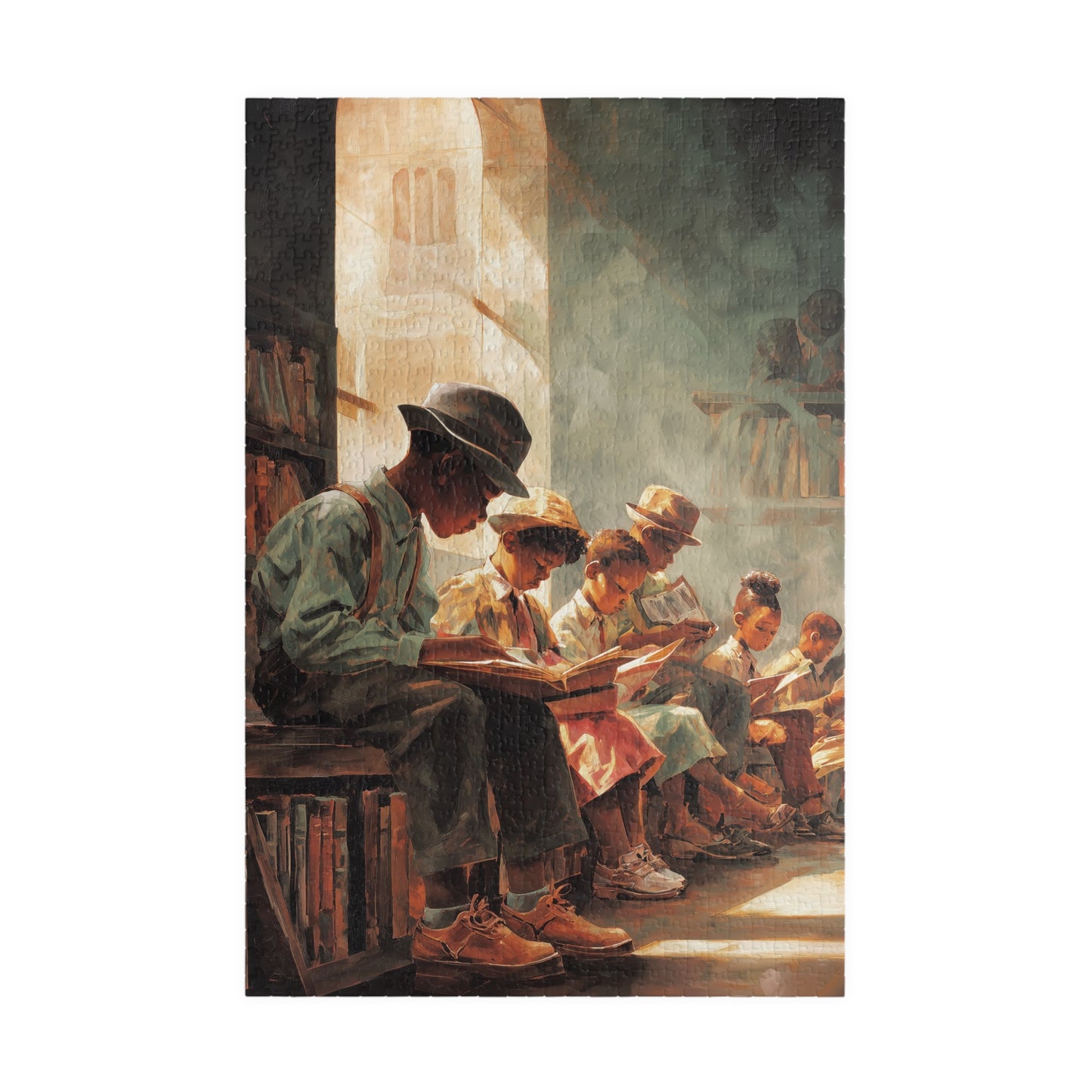 Puzzle of children reading books in a cozy room.