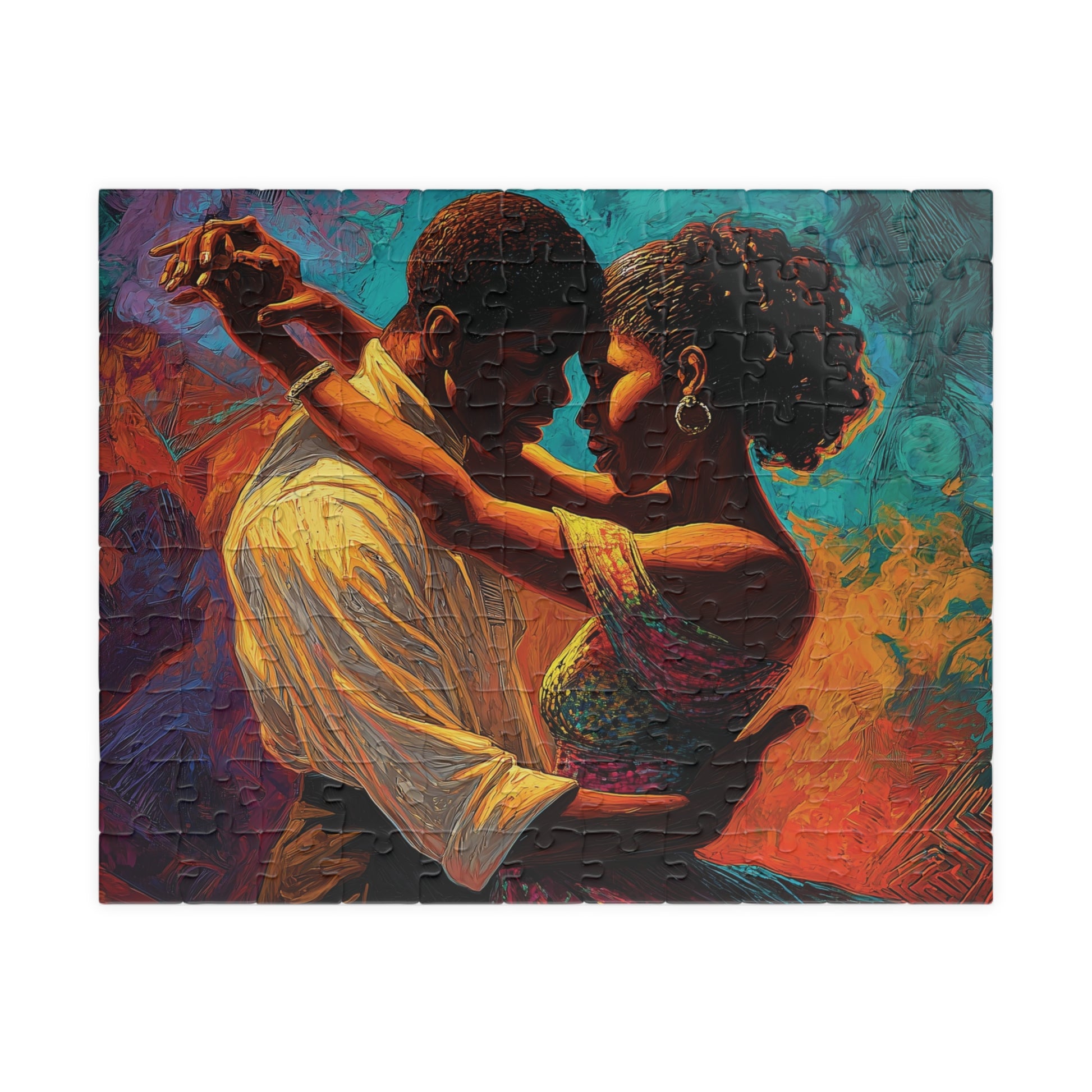 Jigsaw puzzle with a couple dancing on a colorful background