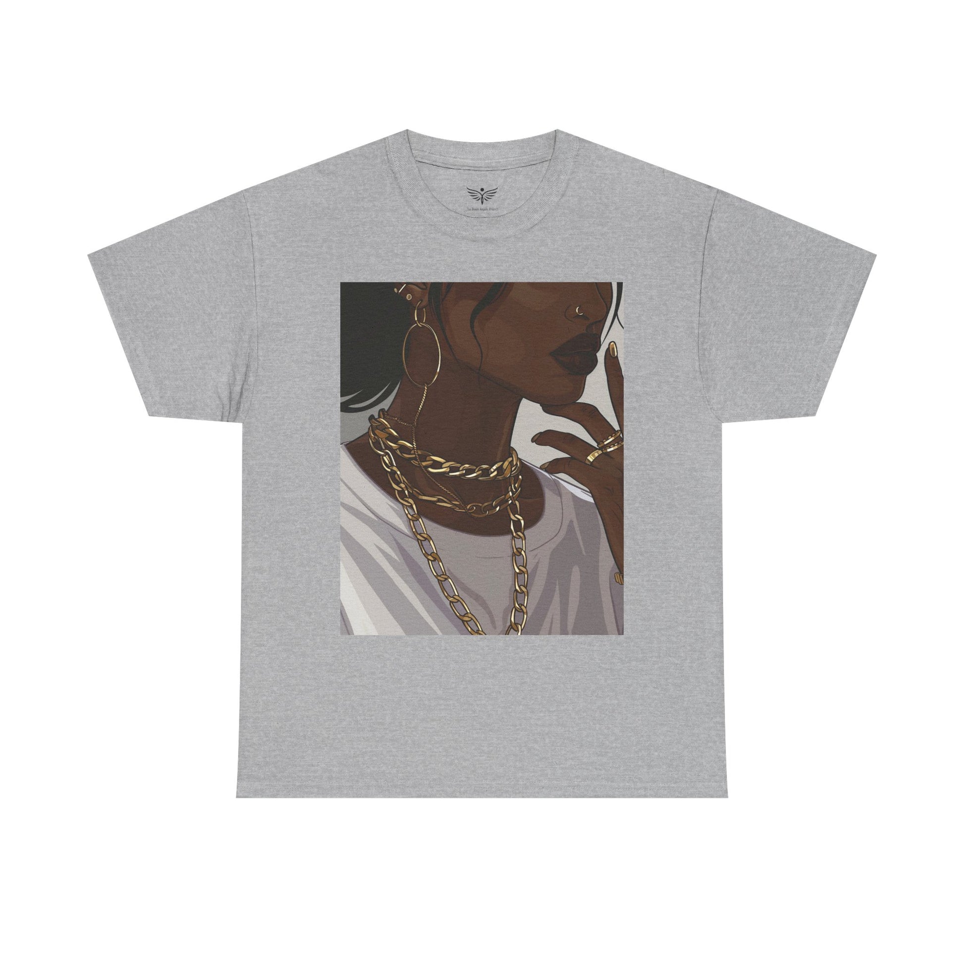 Gray t-shirt with a graphic of a woman wearing gold chains on a white background
