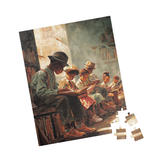 Jigsaw puzzle with a scene of a teacher and students reading books, on a white background.