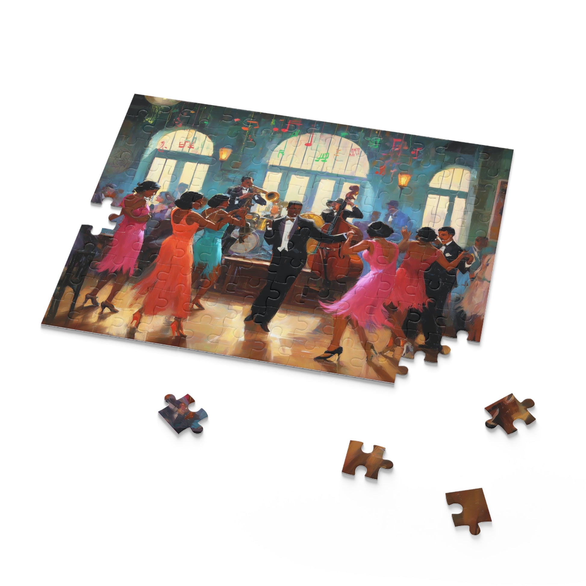 Jigsaw puzzle with a colorful scene of people dancing in a room, missing a few pieces.