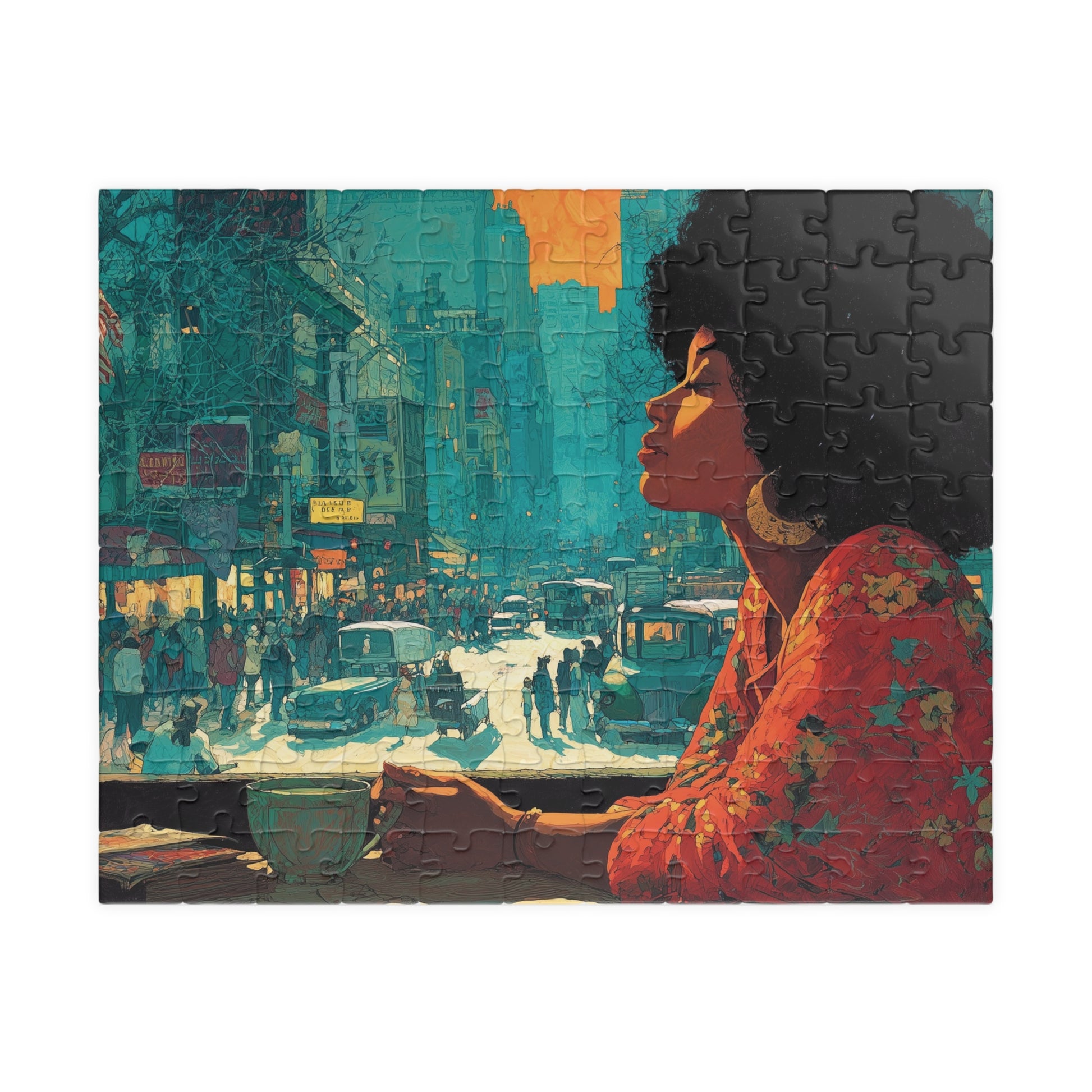 Jigsaw puzzle with a woman looking out of a window at a city street scene