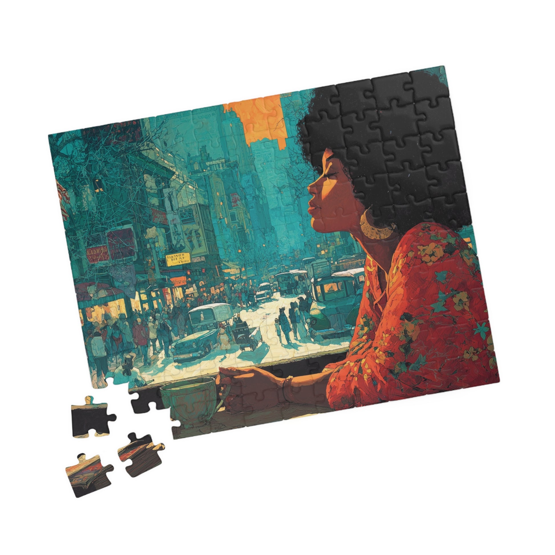 Jigsaw puzzle with a colorful illustration of a woman and city street, with missing pieces.