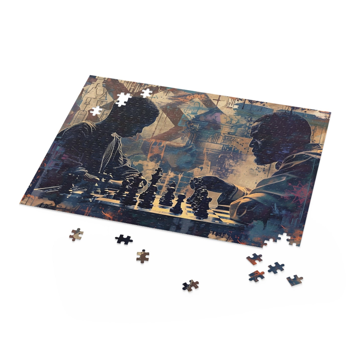 Jigsaw puzzle with a design of two Black people playing chess on a white background
