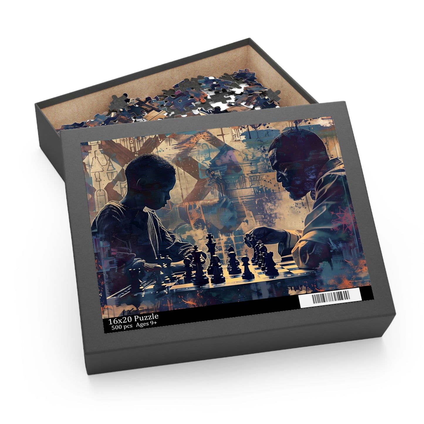 Puzzle box with a design of a Black Father and Son playing chess on the lid