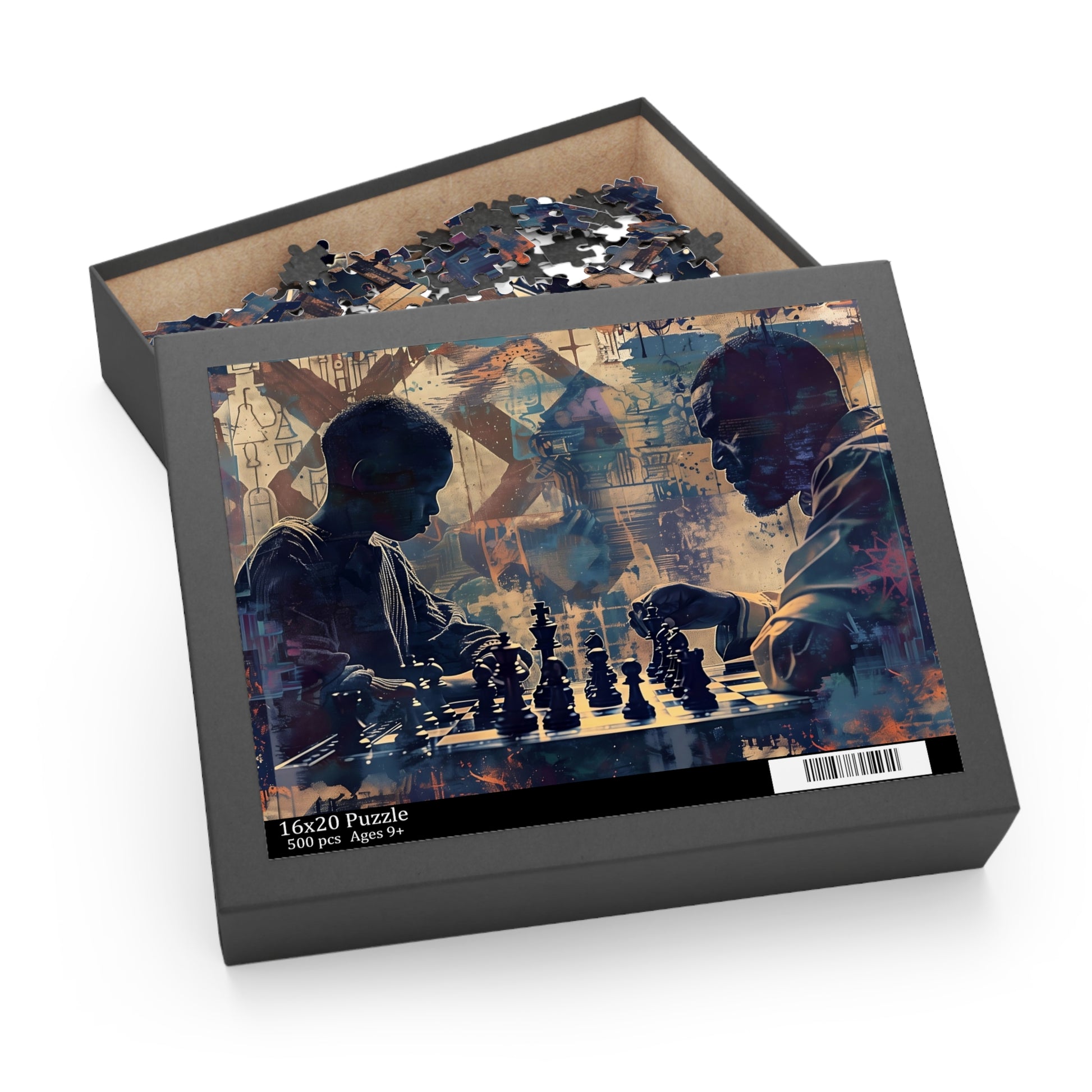 Puzzle box with a design of a Black Father and Son playing chess on the lid