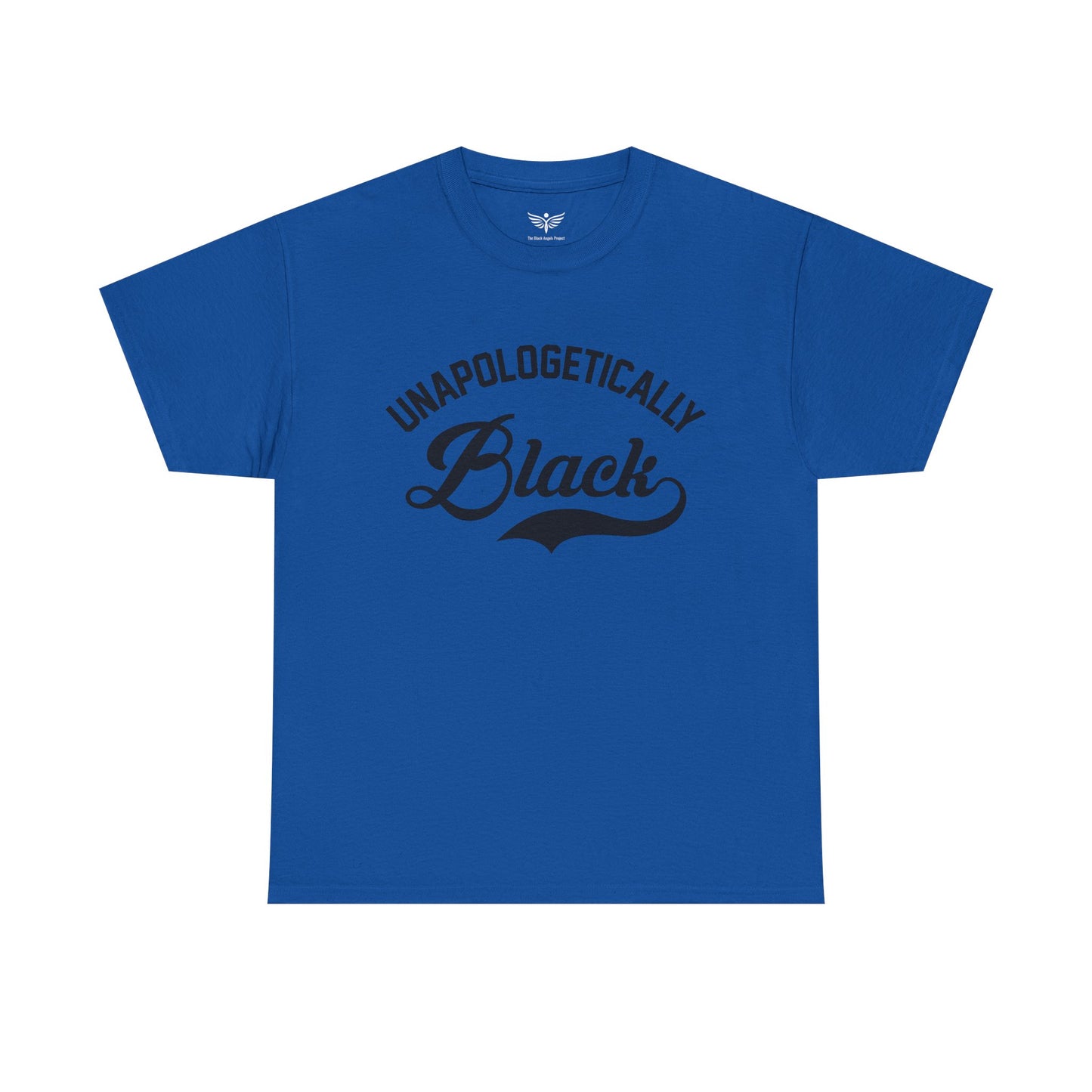 Blue t-shirt with 'Unapologetically Black' text on a white background