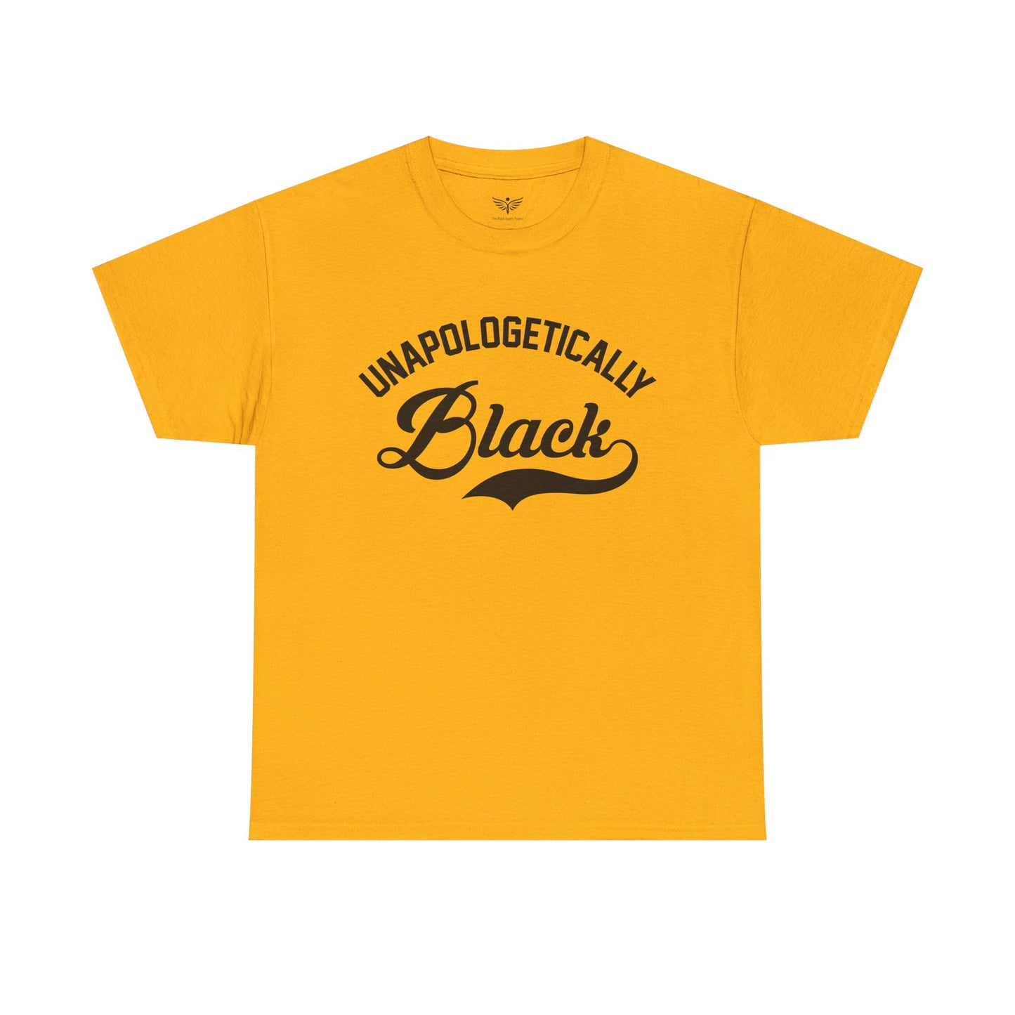 Yellow t-shirt with 'Unapologetically Black' text on a white background