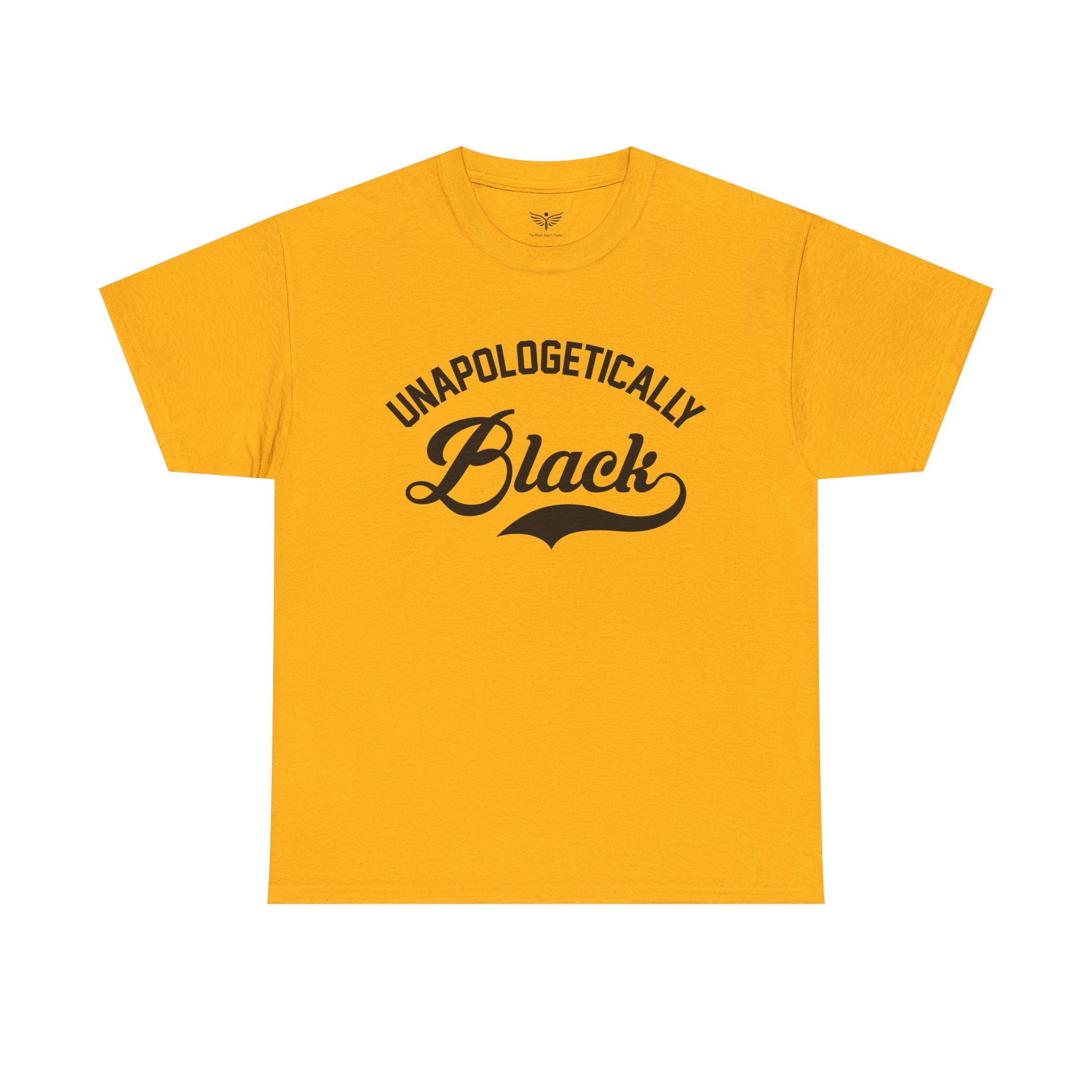 Yellow t-shirt with 'Unapologetically Black' text on a white background