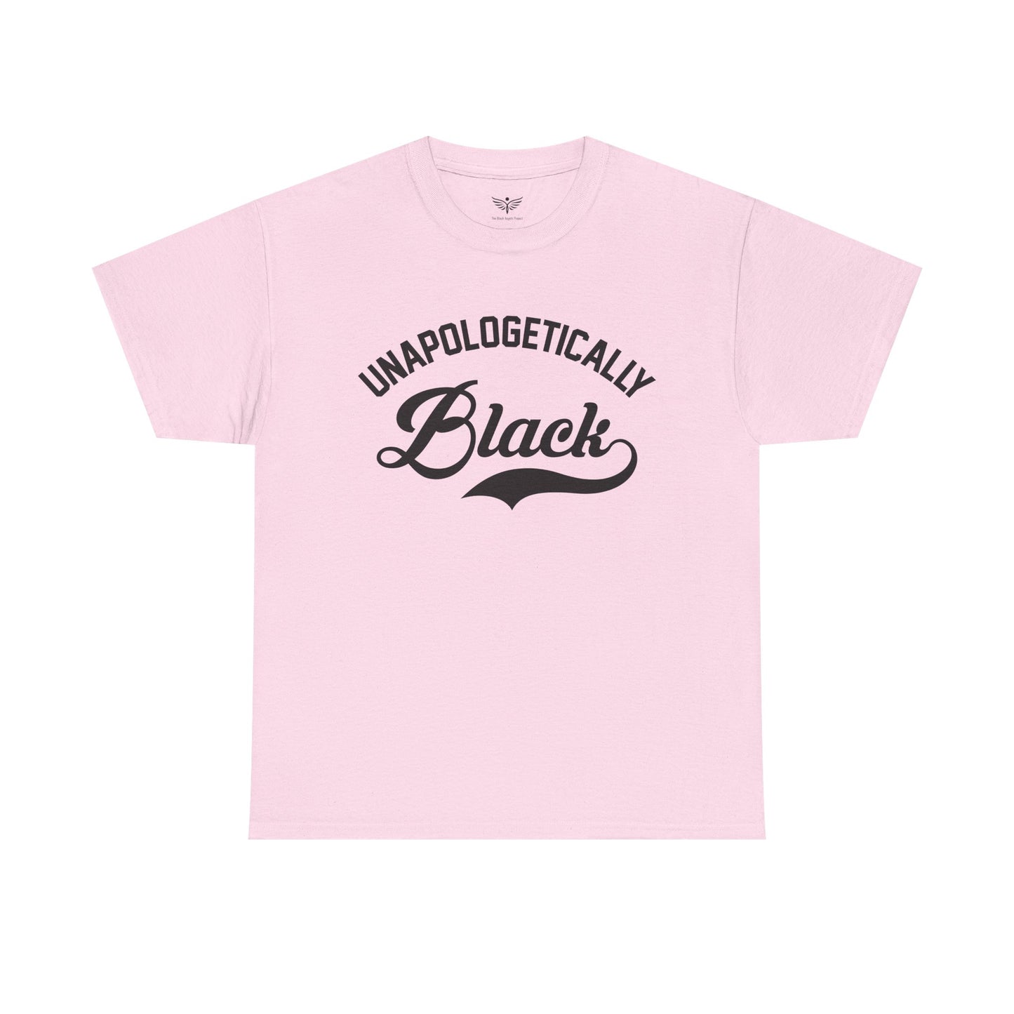 Pink t-shirt with 'Unapologetically Black' text on a white background