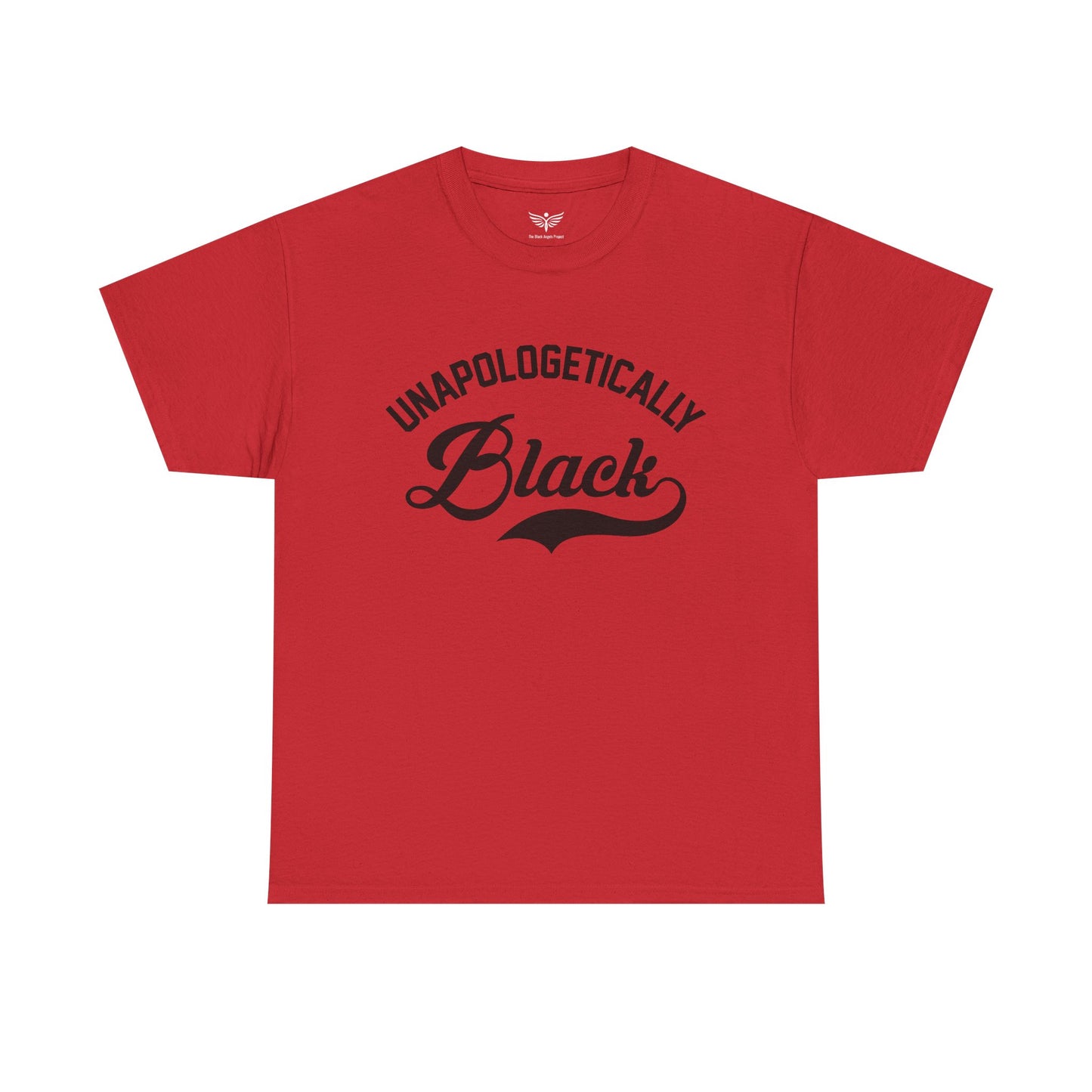 Red t-shirt with 'Unapologetically Black' text on a white background