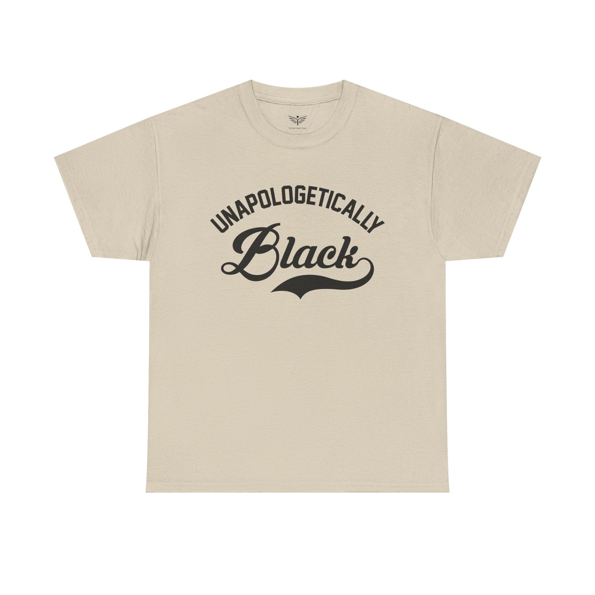 Beige t-shirt with 'Unapologetically Black' text on a white background